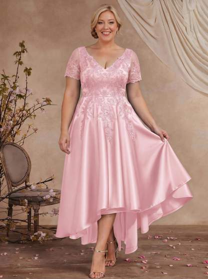 A-Line V-Neck Long Sleeves Asymmetrical Satin Mother Of The Bride Dresses With Appliques Lace