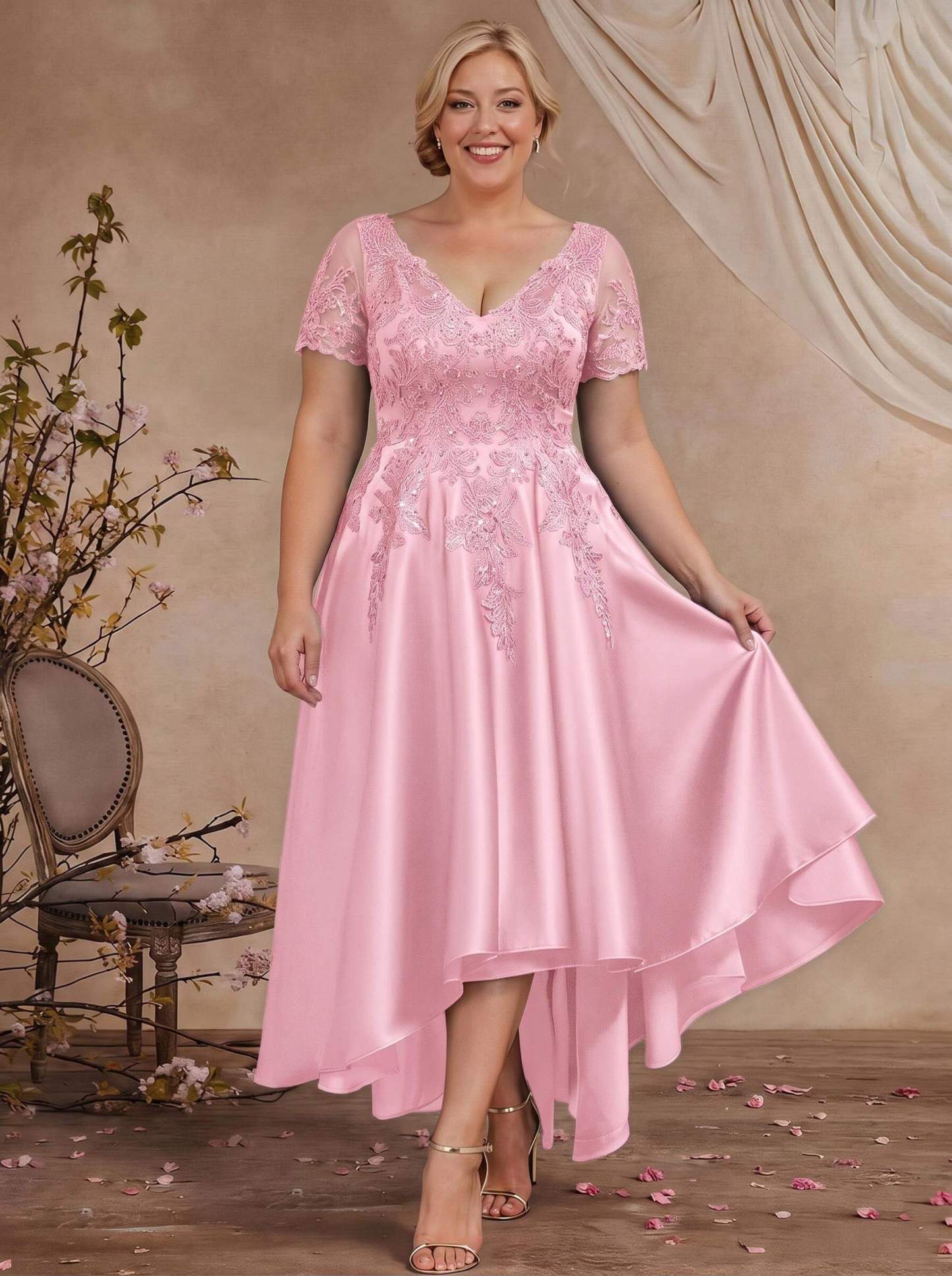 A-Line V-Neck Long Sleeves Asymmetrical Satin Mother Of The Bride Dresses With Appliques Lace