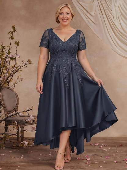 A-Line V-Neck Long Sleeves Asymmetrical Satin Mother Of The Bride Dresses With Appliques Lace