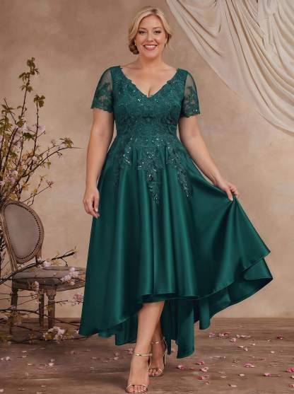 A-Line V-Neck Long Sleeves Asymmetrical Satin Mother Of The Bride Dresses With Appliques Lace