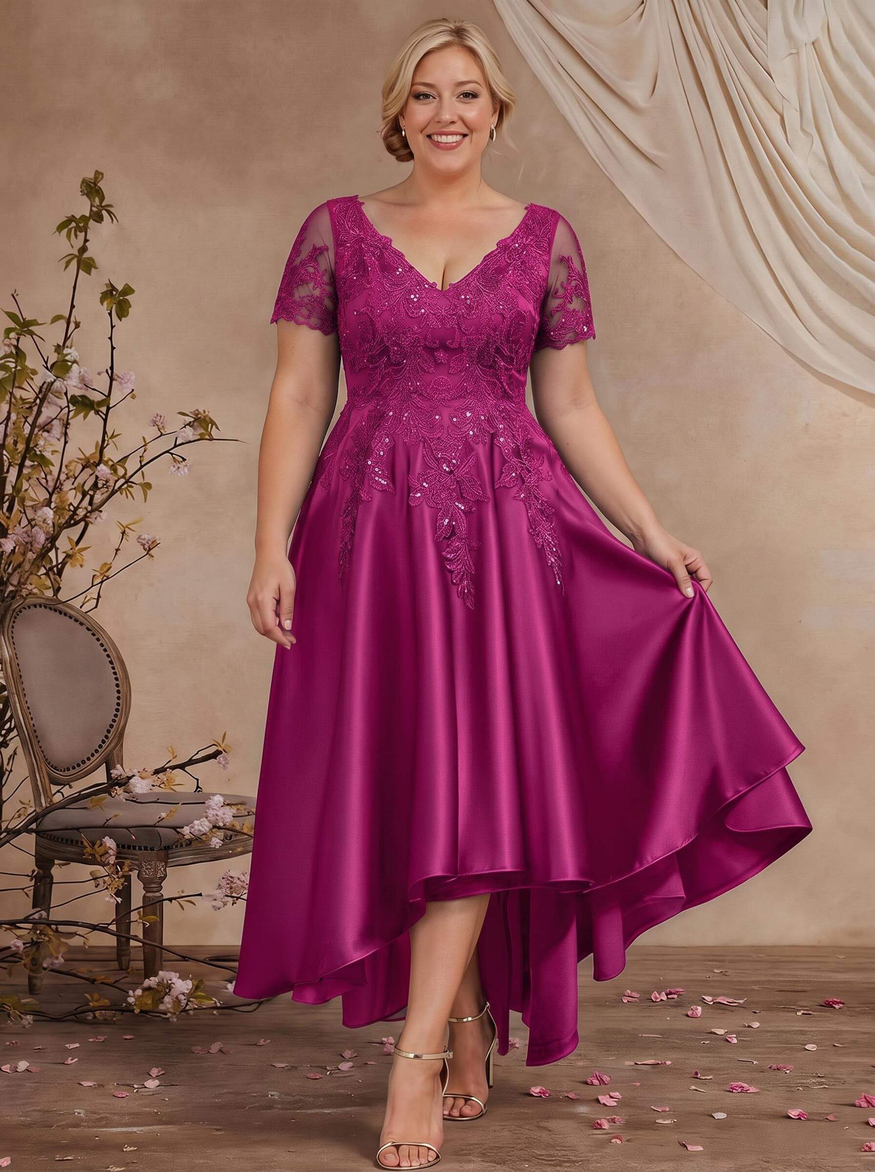 A-Line V-Neck Long Sleeves Asymmetrical Satin Mother Of The Bride Dresses With Appliques Lace