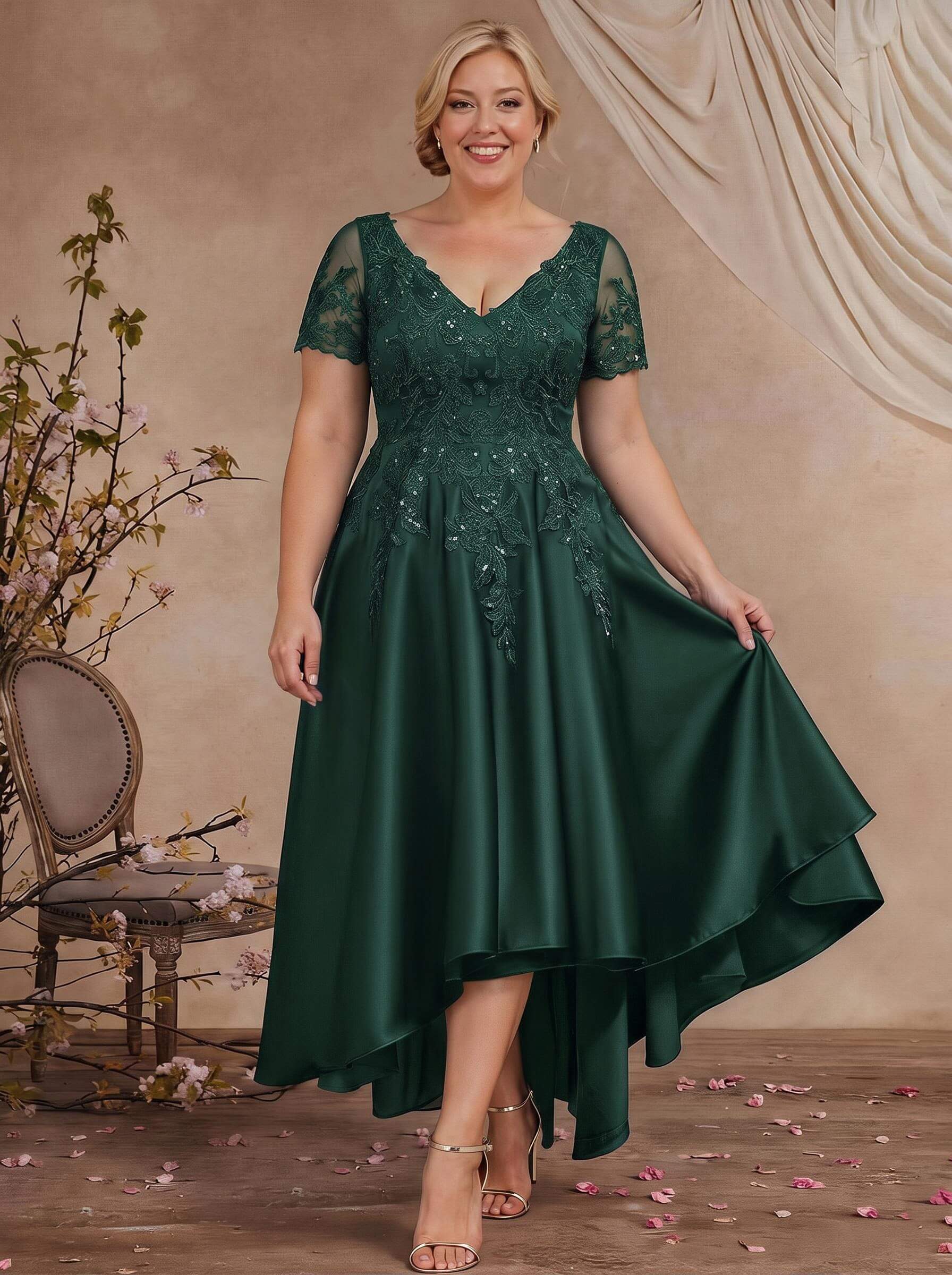 A-Line V-Neck Long Sleeves Asymmetrical Satin Mother Of The Bride Dresses With Appliques Lace