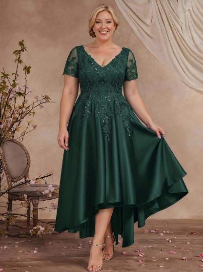 A-Line V-Neck Long Sleeves Asymmetrical Satin Mother Of The Bride Dresses With Appliques Lace