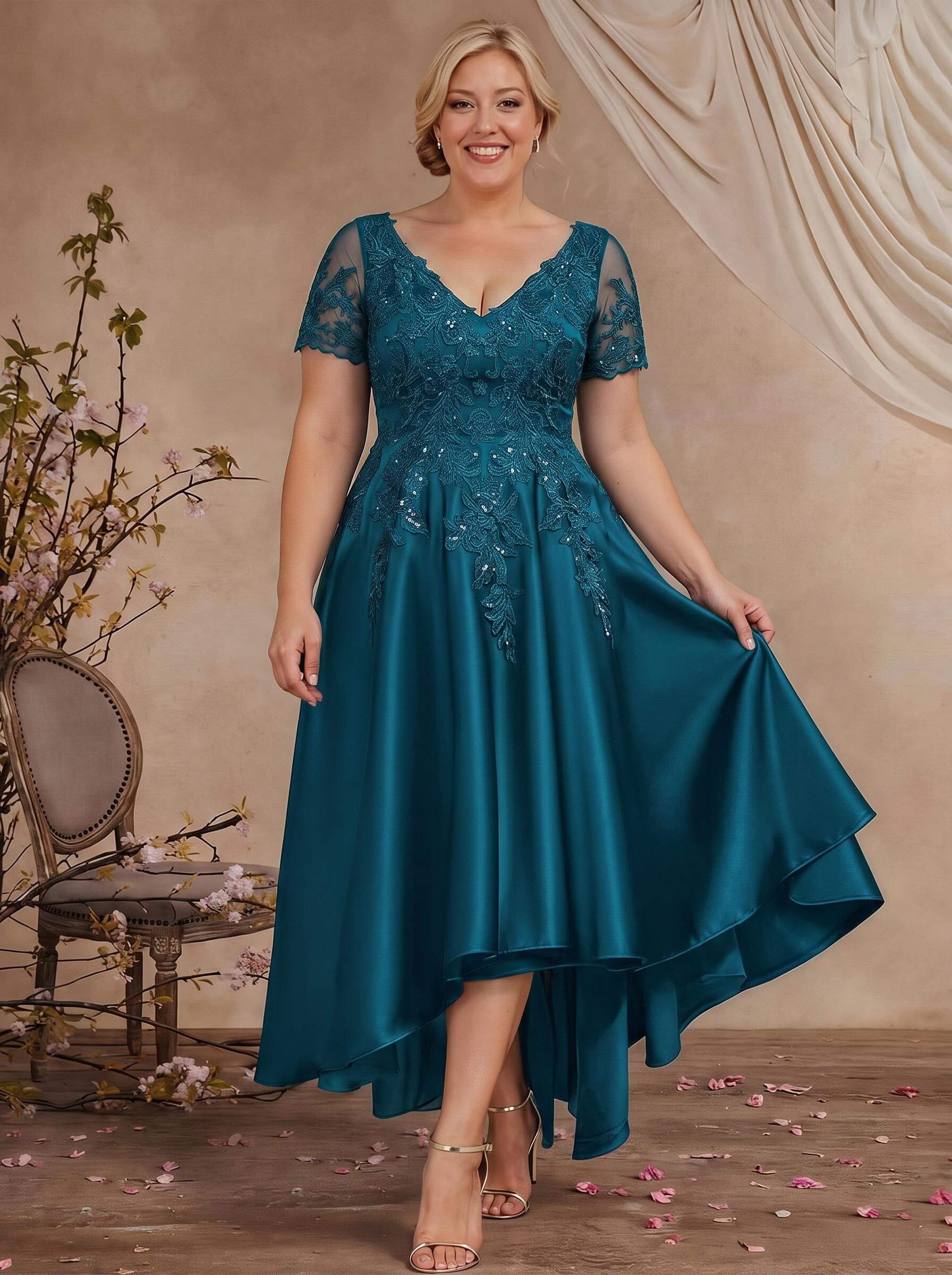 A-Line V-Neck Long Sleeves Asymmetrical Satin Mother Of The Bride Dresses With Appliques Lace