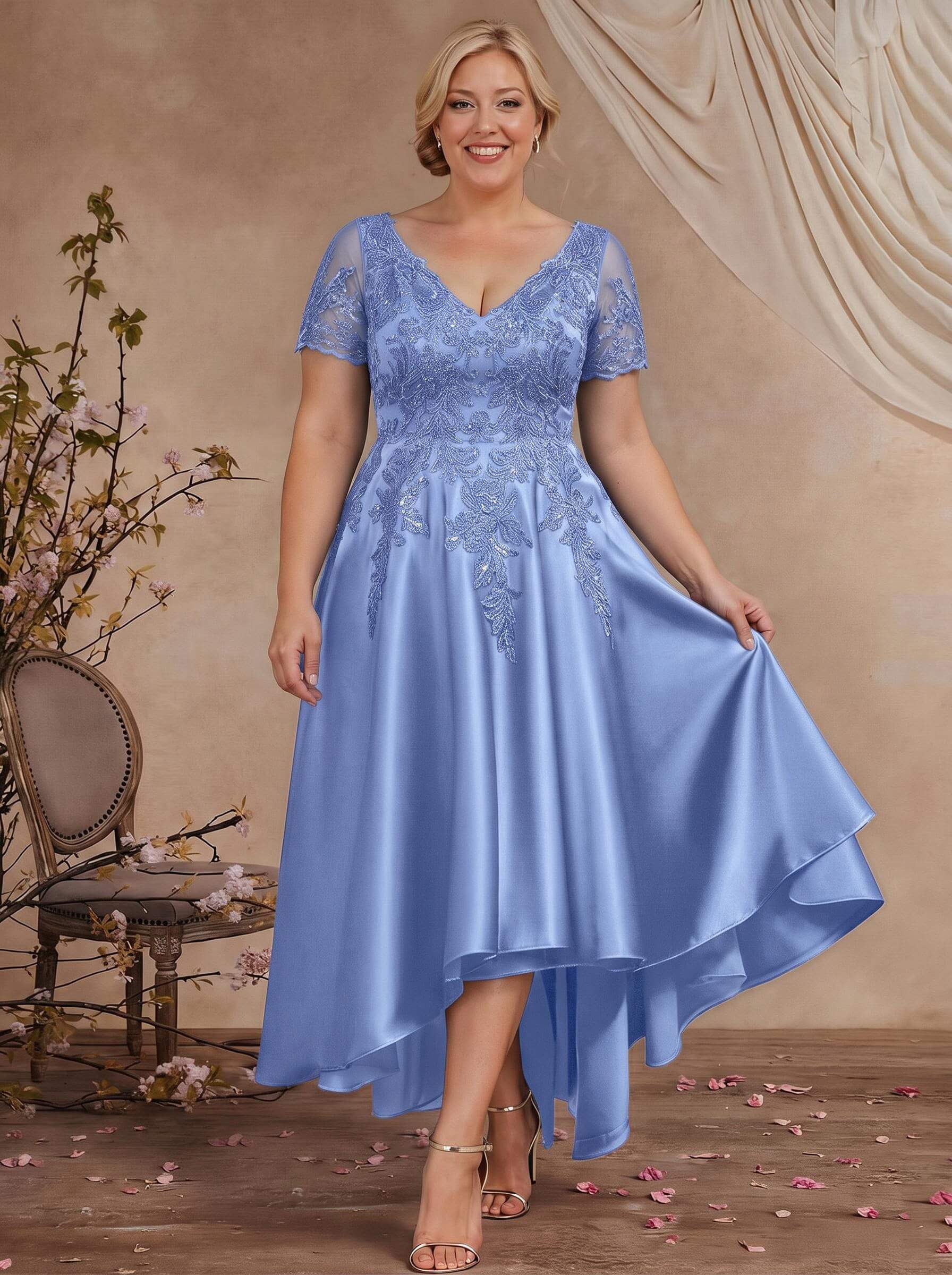 A-Line V-Neck Long Sleeves Asymmetrical Satin Mother Of The Bride Dresses With Appliques Lace