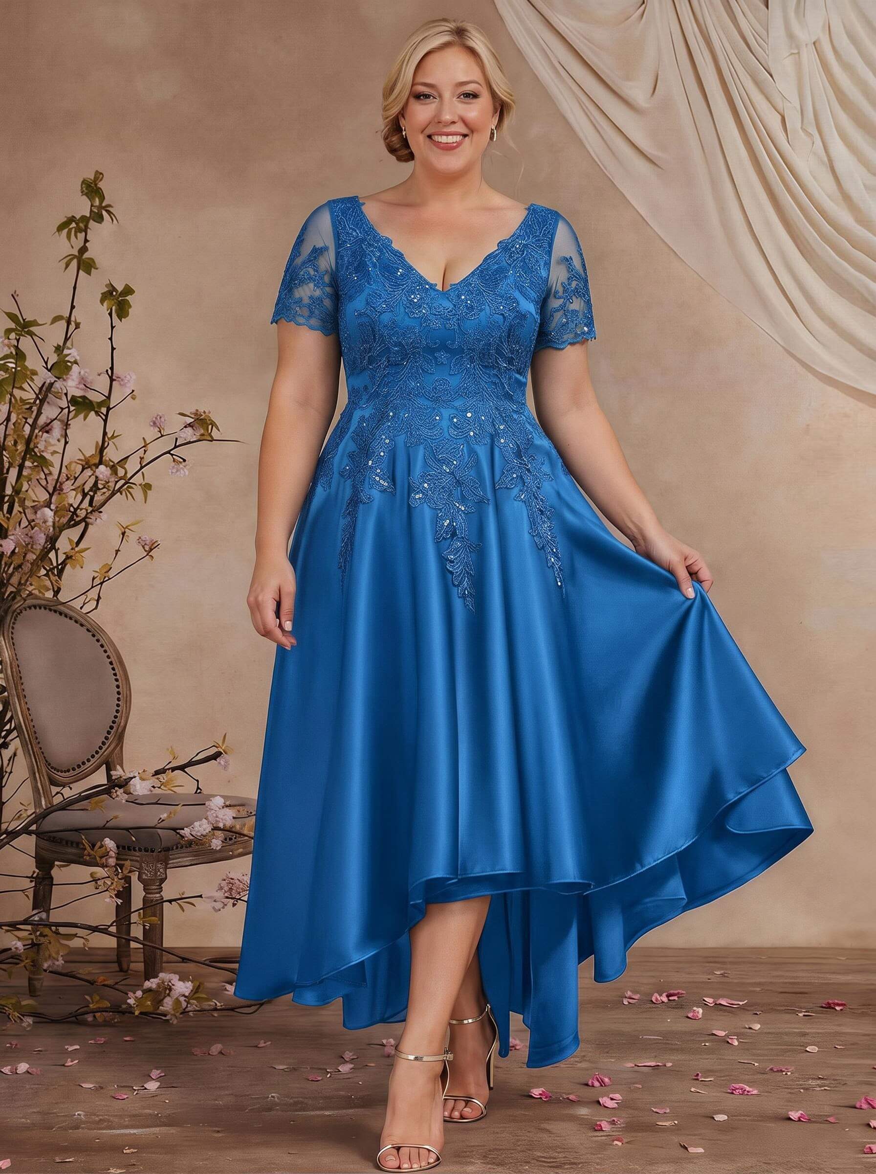 A-Line V-Neck Long Sleeves Asymmetrical Satin Mother Of The Bride Dresses With Appliques Lace