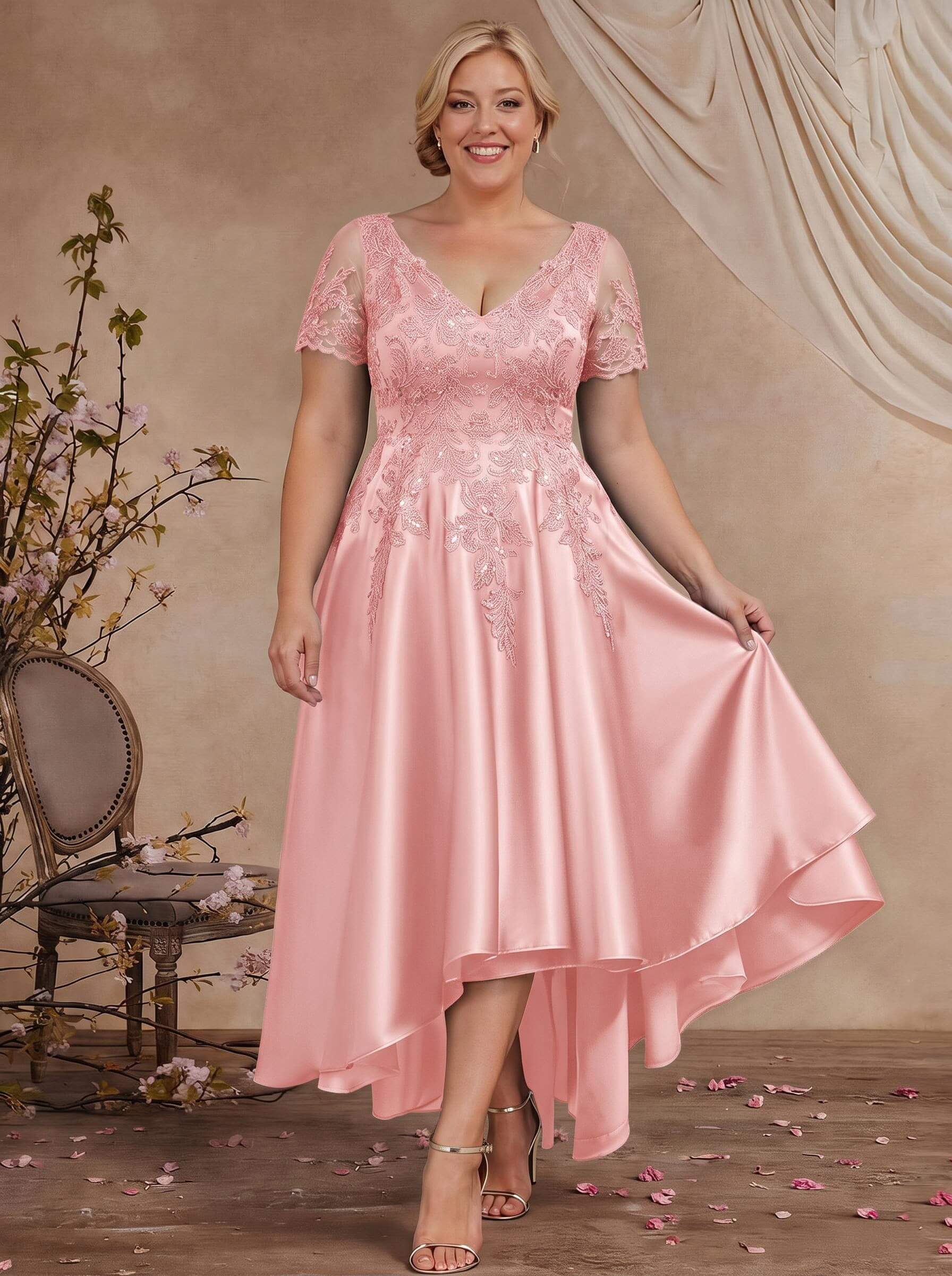 A-Line V-Neck Long Sleeves Asymmetrical Satin Mother Of The Bride Dresses With Appliques Lace