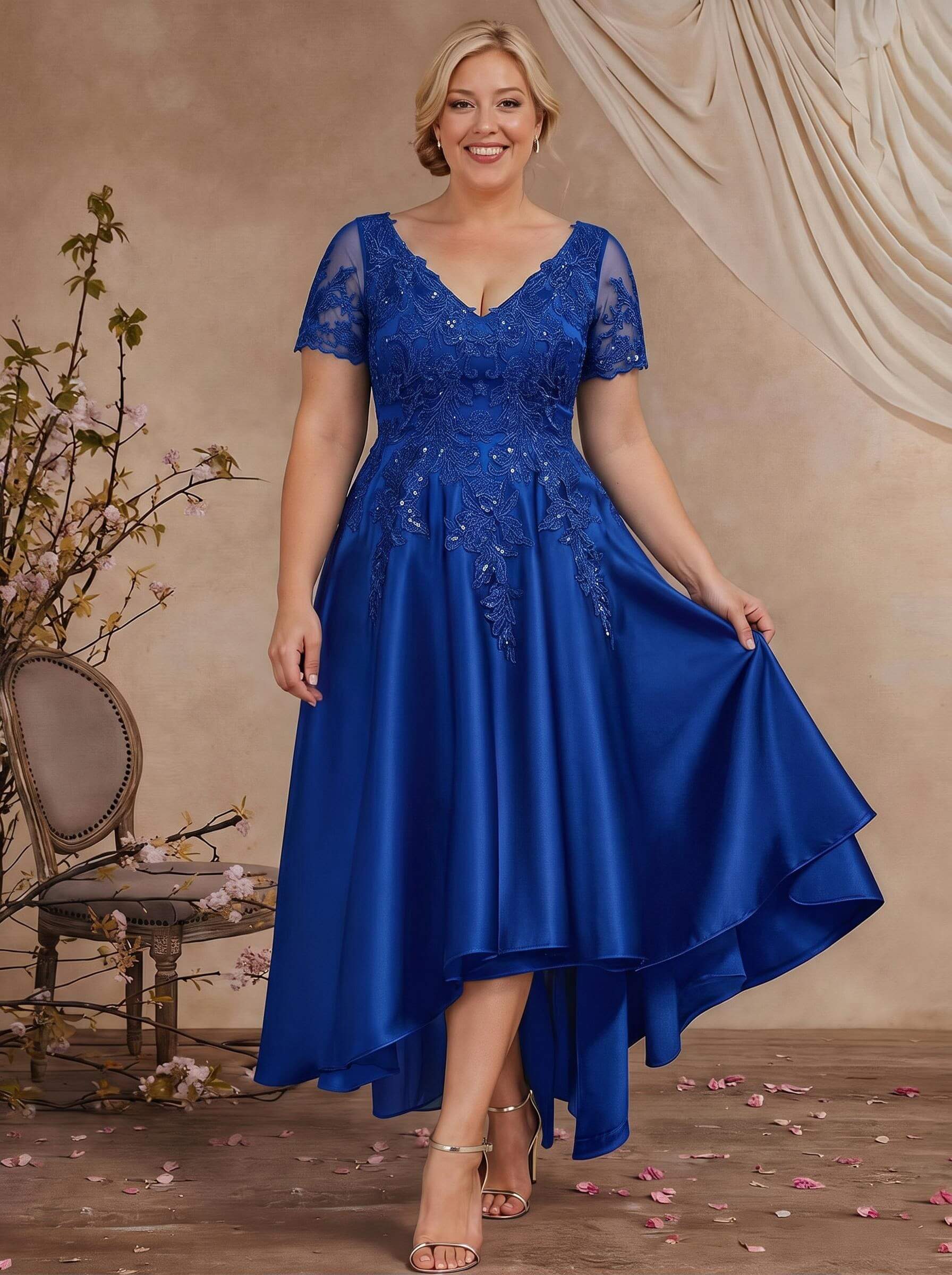 A-Line V-Neck Long Sleeves Asymmetrical Satin Mother Of The Bride Dresses With Appliques Lace