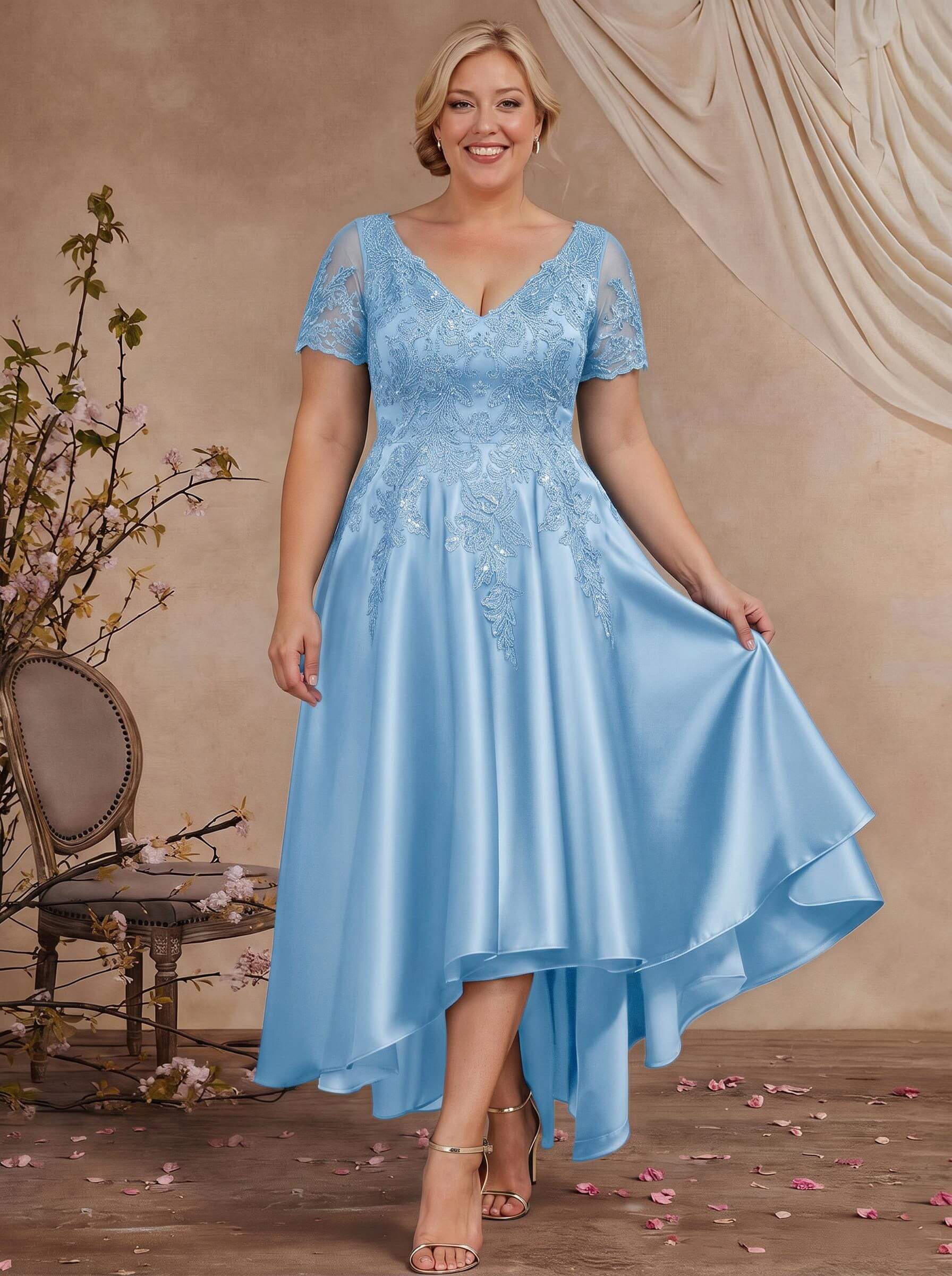 A-Line V-Neck Long Sleeves Asymmetrical Satin Mother Of The Bride Dresses With Appliques Lace