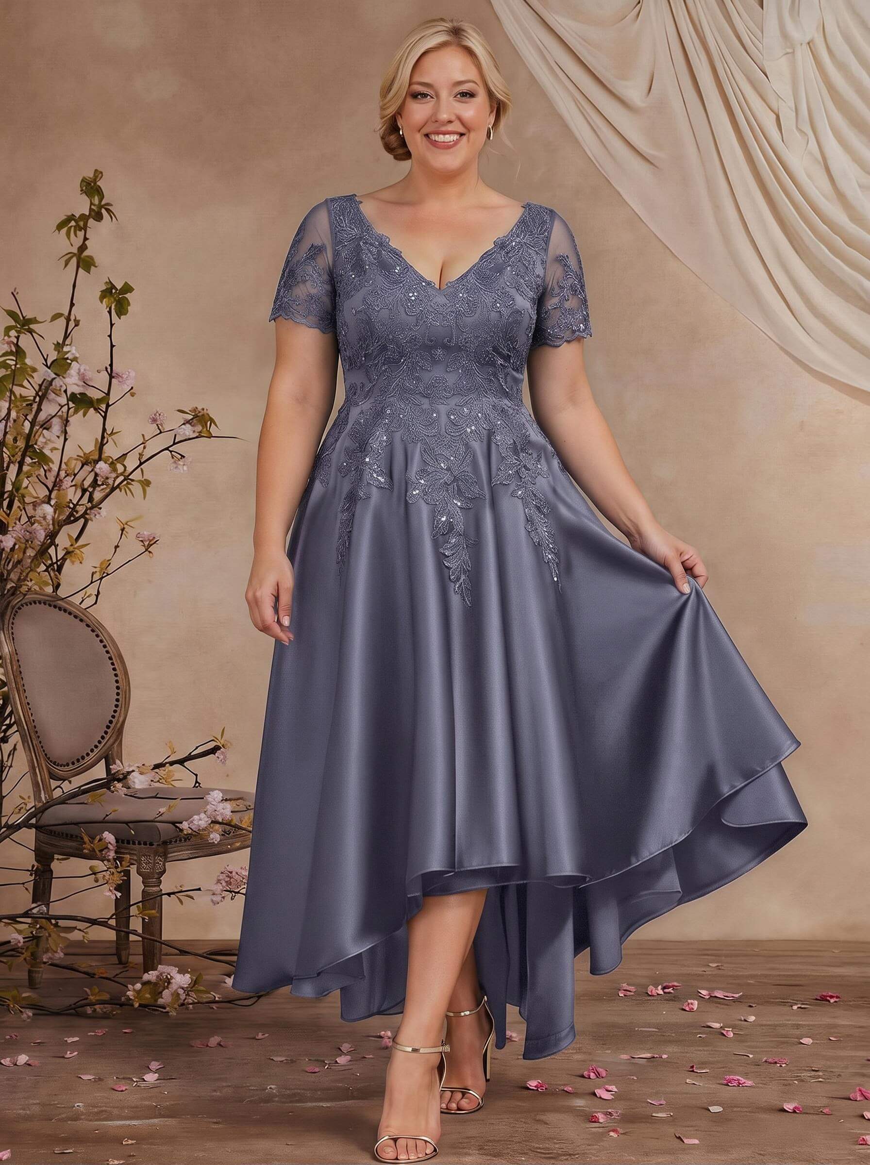 A-Line V-Neck Long Sleeves Asymmetrical Satin Mother Of The Bride Dresses With Appliques Lace