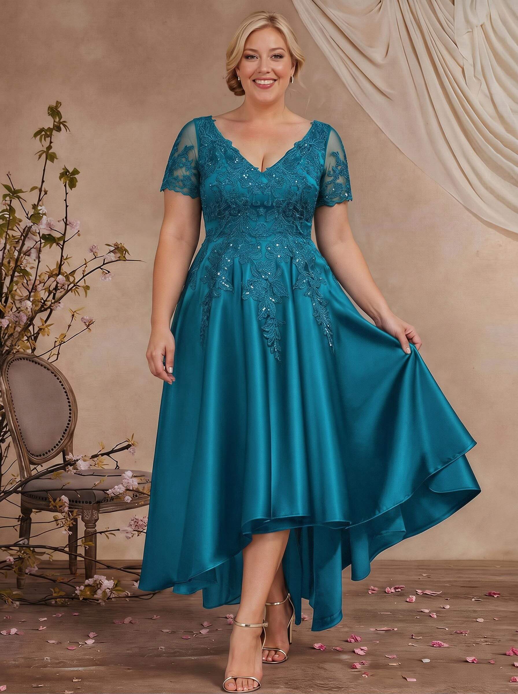 A-Line V-Neck Long Sleeves Asymmetrical Satin Mother Of The Bride Dresses With Appliques Lace