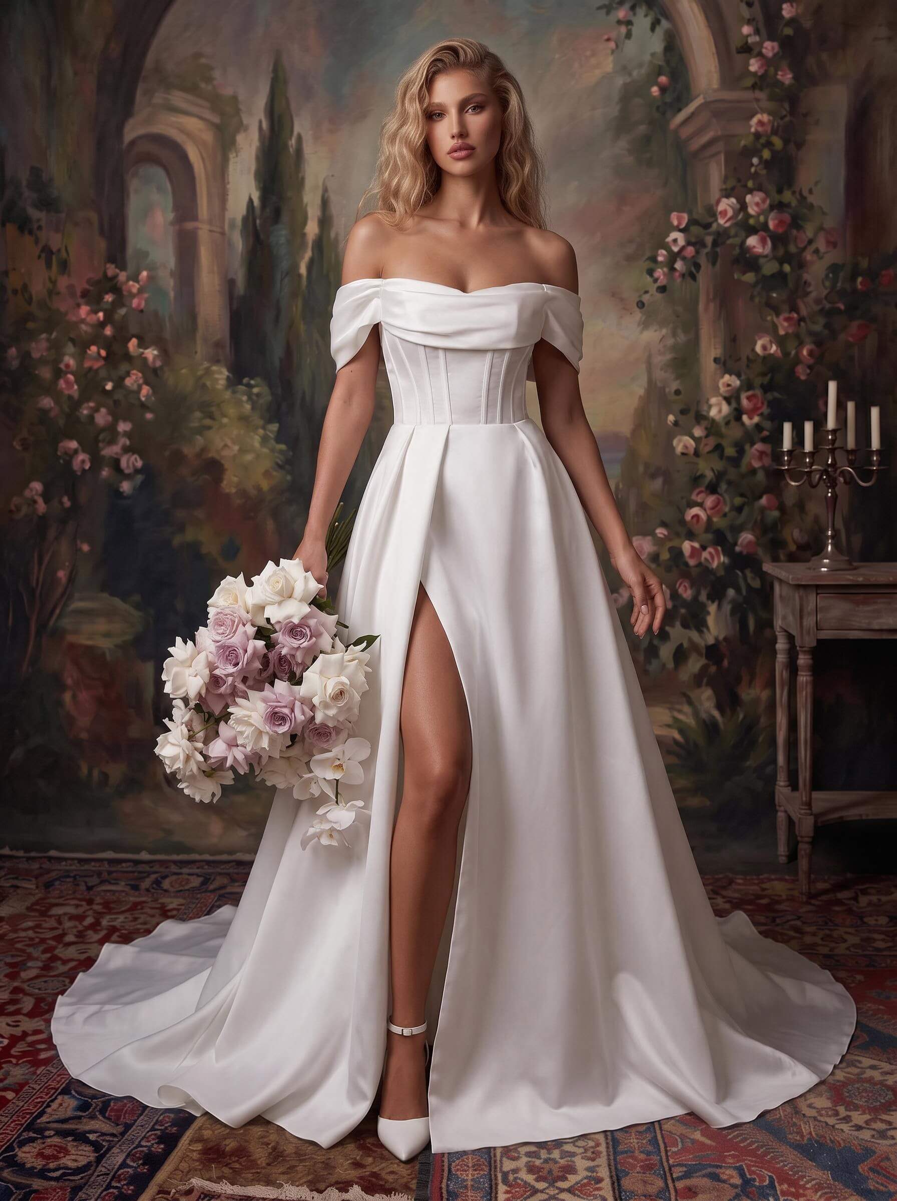 A-Line Off-The-Shoulder Chapel Train Matte Satin Wedding Dresses with High Split, image 1