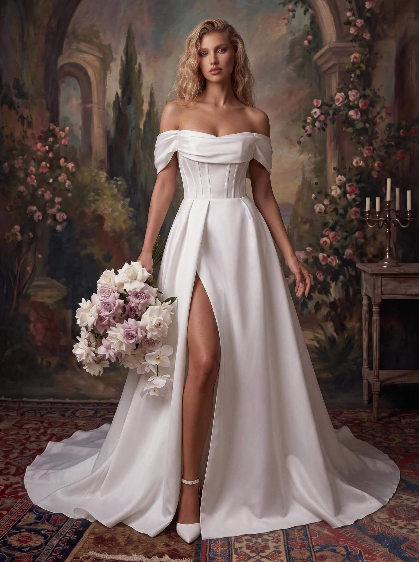 A-Line Off-The-Shoulder Chapel Train Matte Satin Wedding Dresses with High Split in Ivory, US2