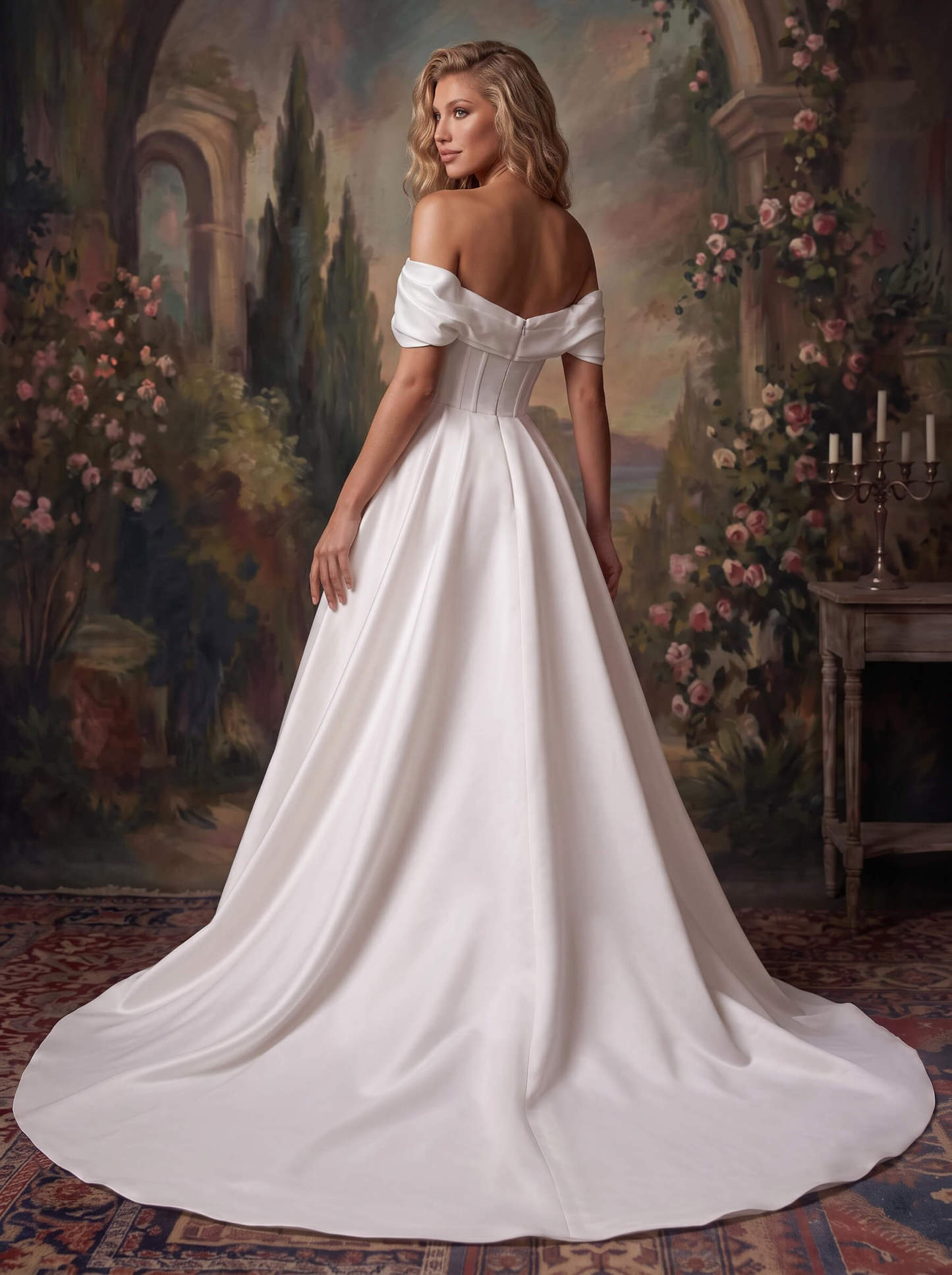 A-Line Off-The-Shoulder Chapel Train Matte Satin Wedding Dresses with High Split, image 2