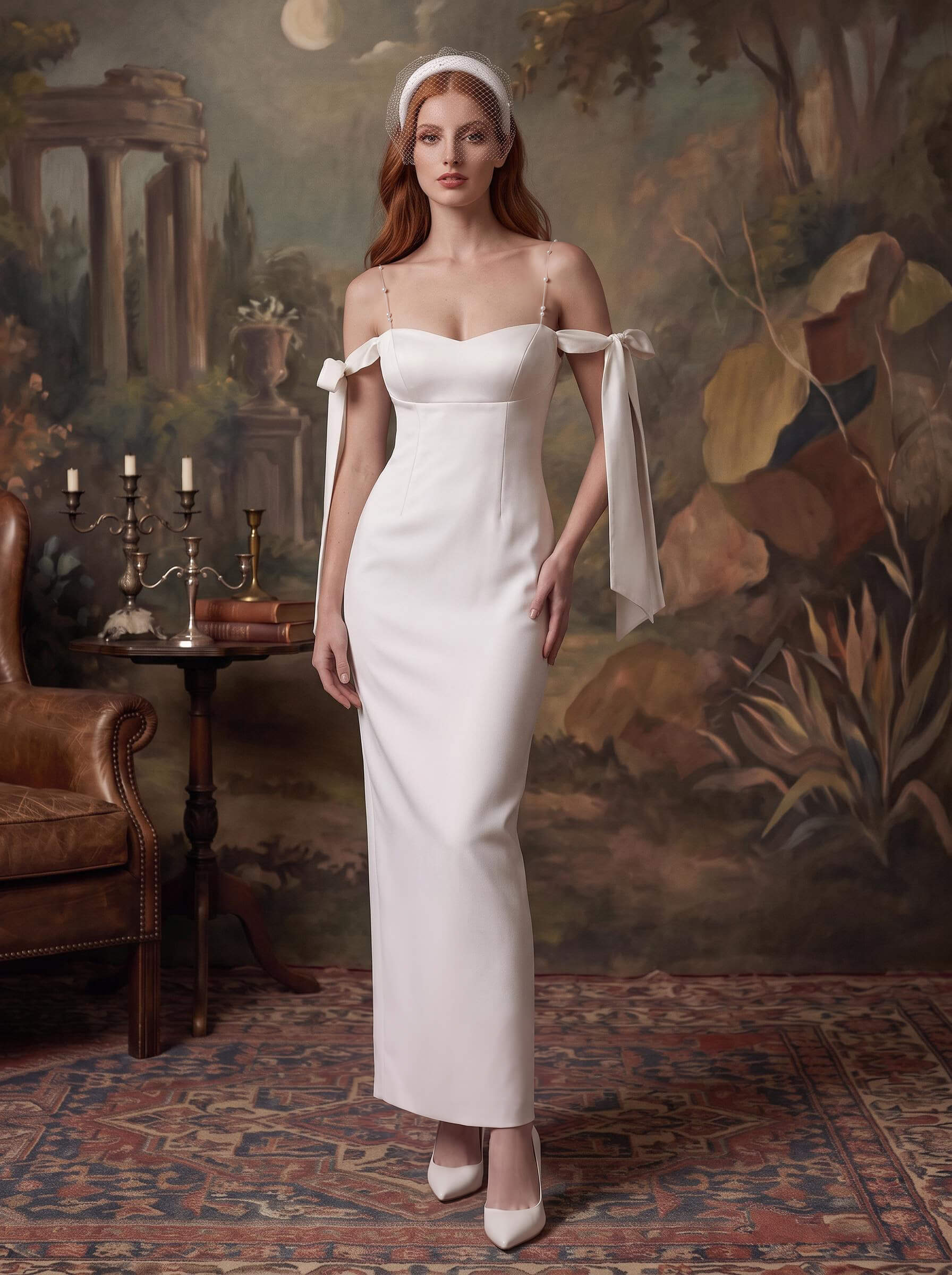 Simple Sheath/Column Off-The-Shoulder Ankle-Length Satin Wedding Dresses, image 1