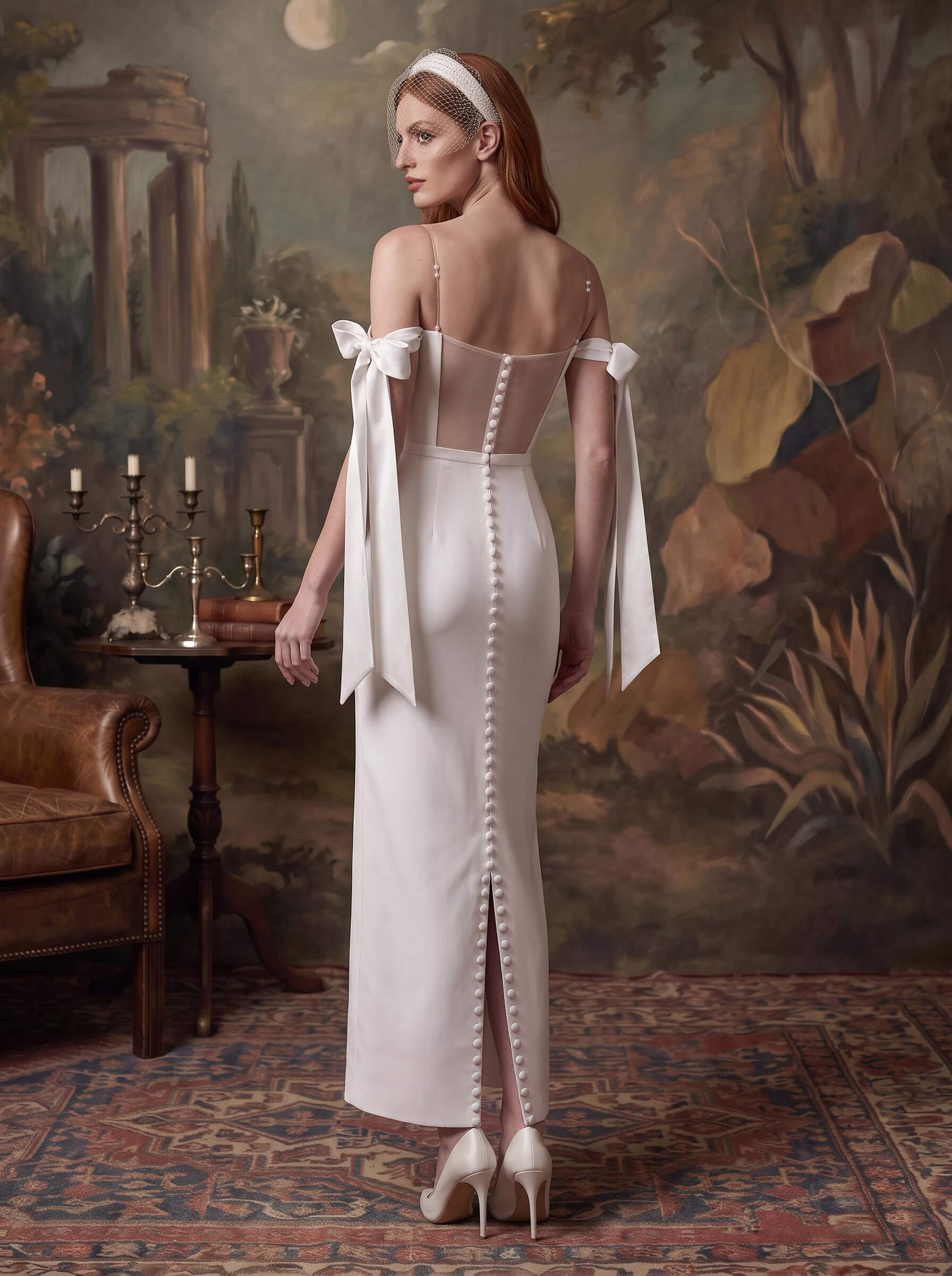 Simple Sheath/Column Off-The-Shoulder Ankle-Length Satin Wedding Dresses, image 2
