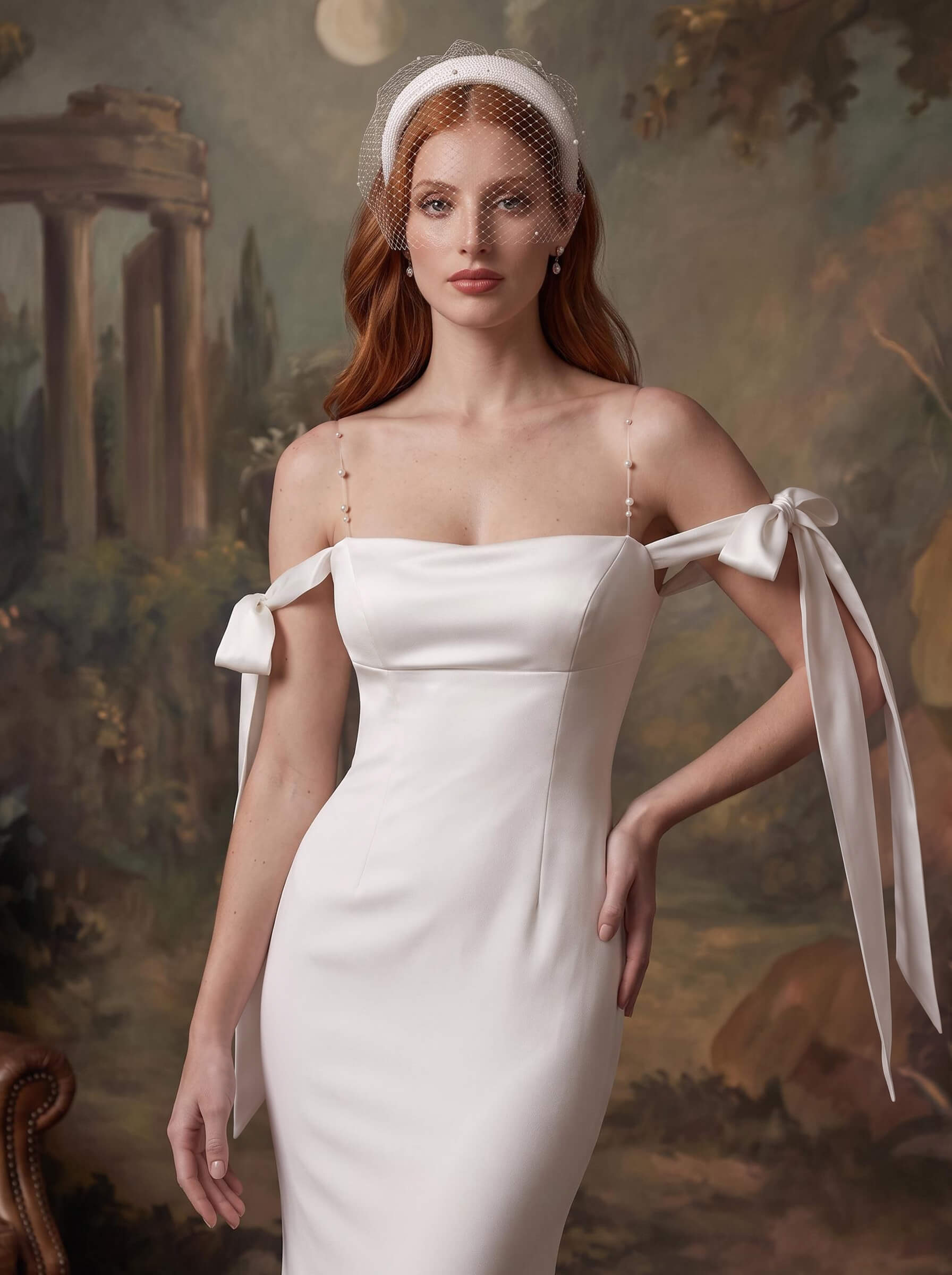 Simple Sheath/Column Off-The-Shoulder Ankle-Length Satin Wedding Dresses, image 3