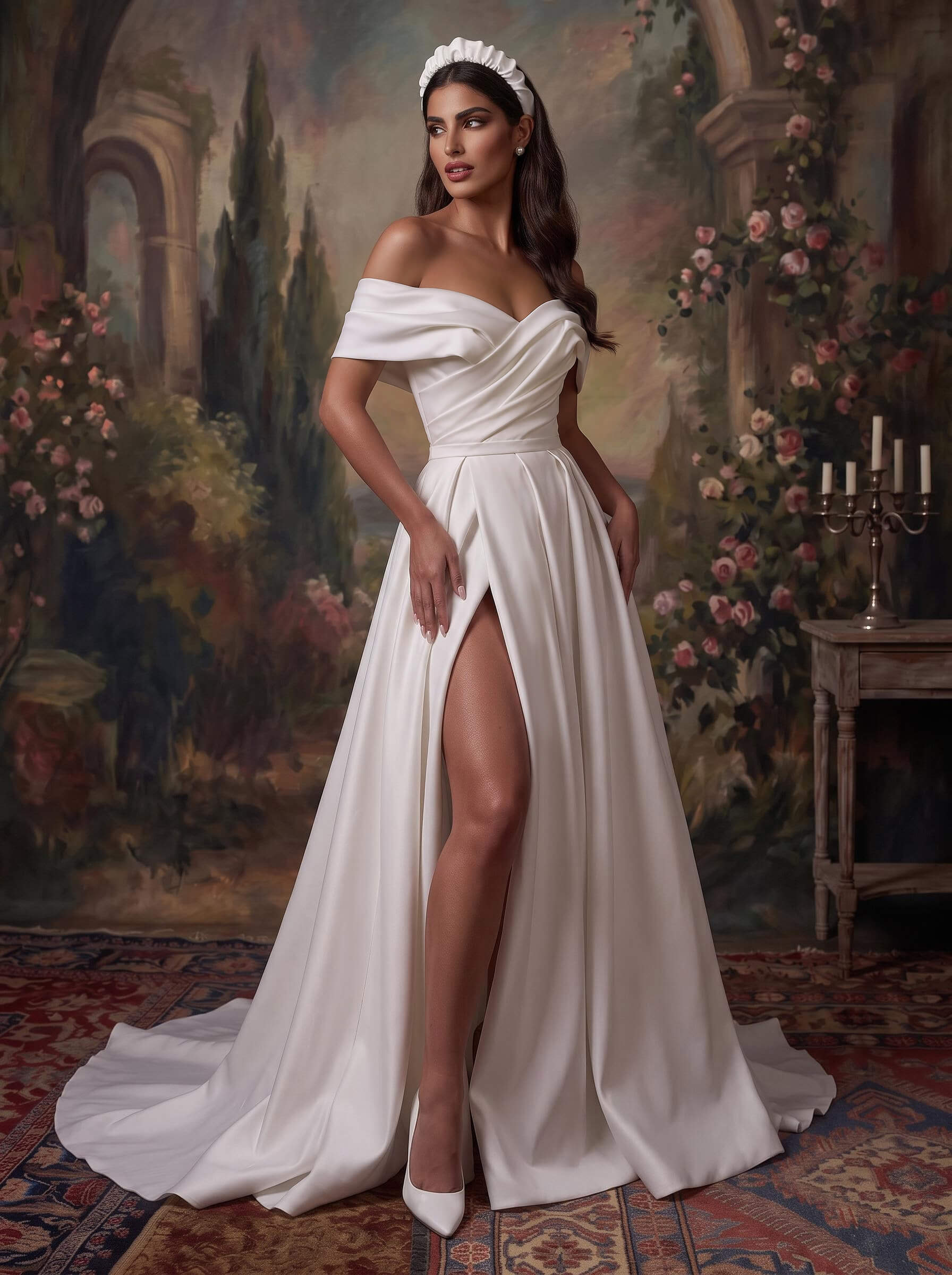 A-Line Off-The-Shoulder Sleeveless Satin Court Train Wedding Dresses, image 1