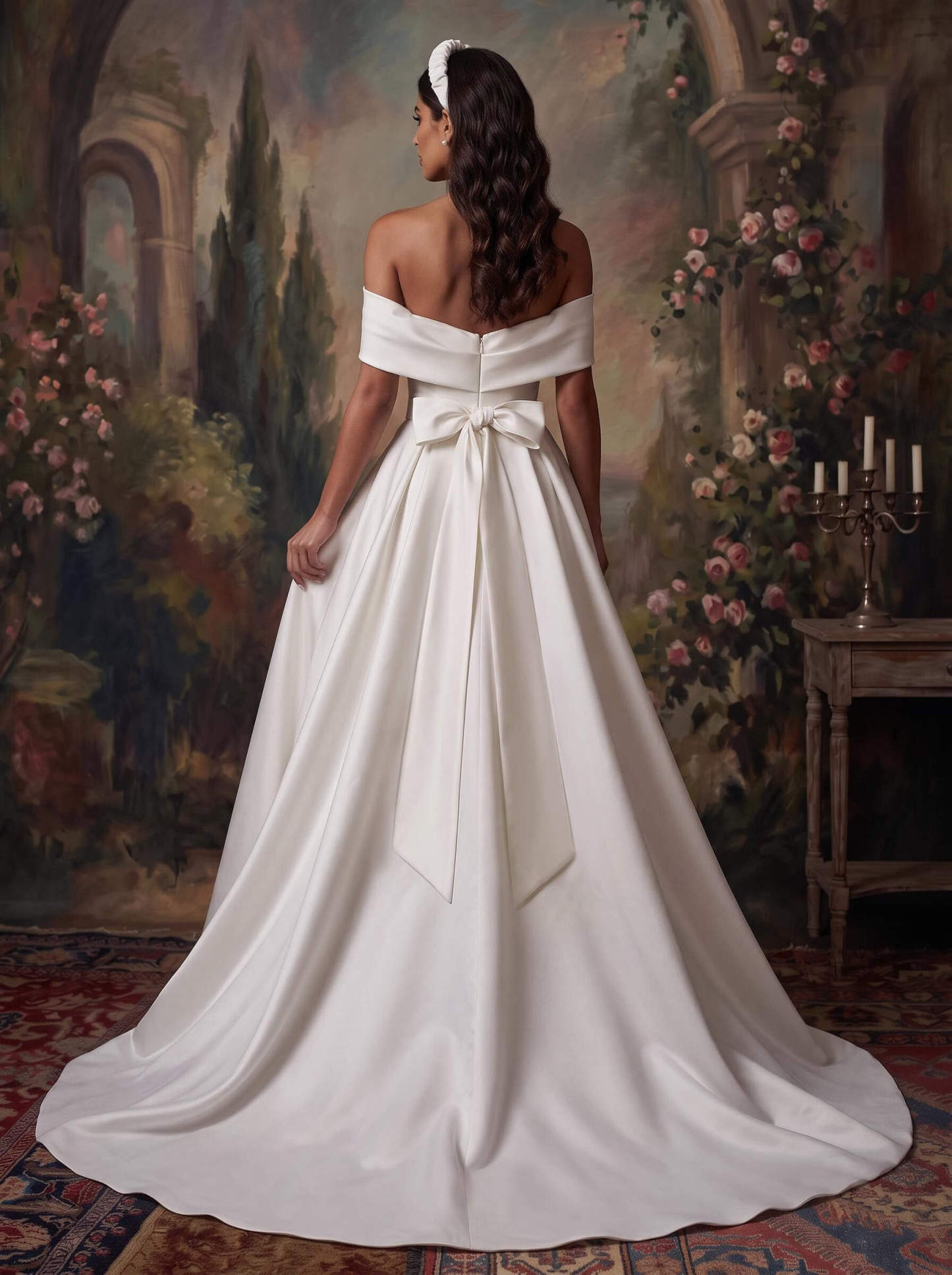 A-Line Off-The-Shoulder Sleeveless Satin Court Train Wedding Dresses, image 2
