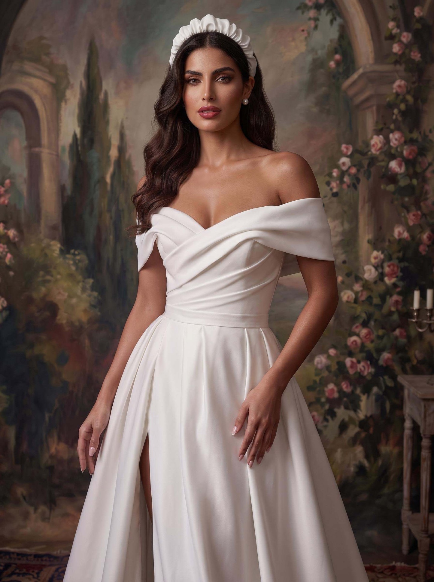 A-Line Off-The-Shoulder Sleeveless Satin Court Train Wedding Dresses, image 3