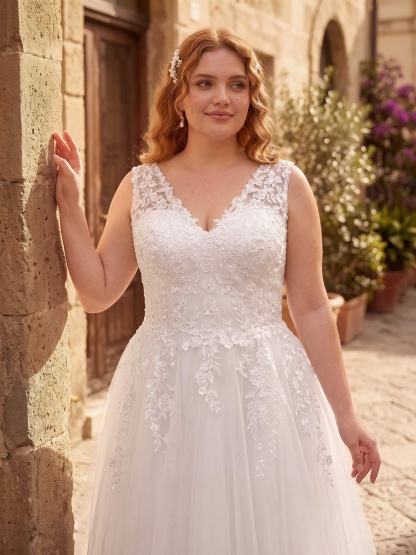 A-Line V-Neck Sleeveless Sweep Train Lace/Tulle Plus Size Wedding Dresses