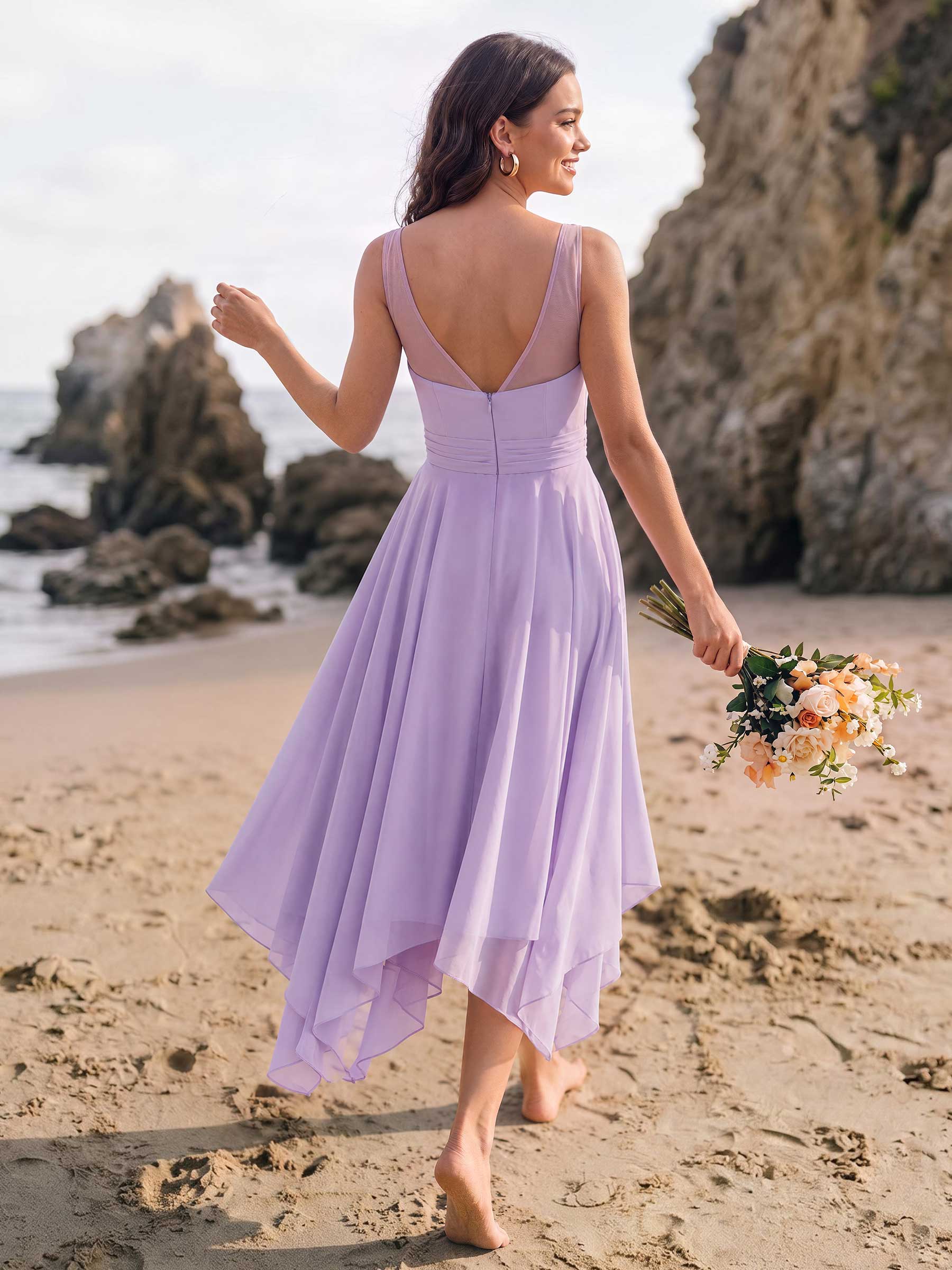 A-Line V-Neck Sleeveless Tea-Length Chiffon(Non-Stretch) Bridesmaid Dresses