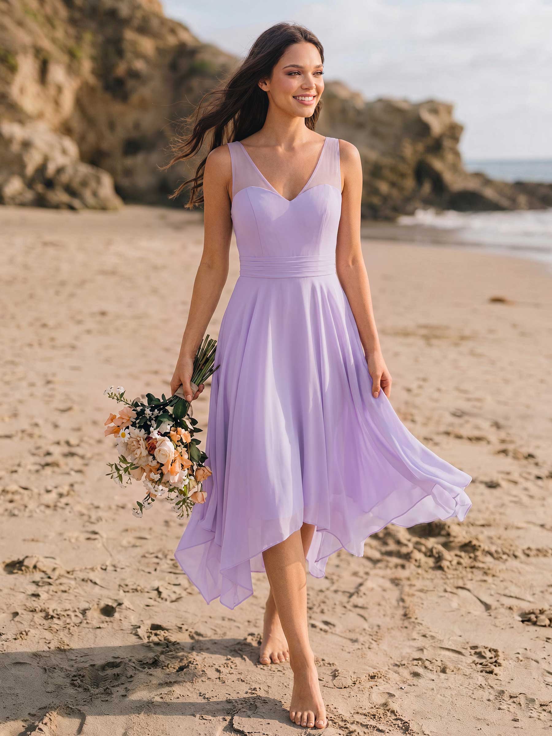 A-Line V-Neck Sleeveless Tea-Length Chiffon(Non-Stretch) Bridesmaid Dresses