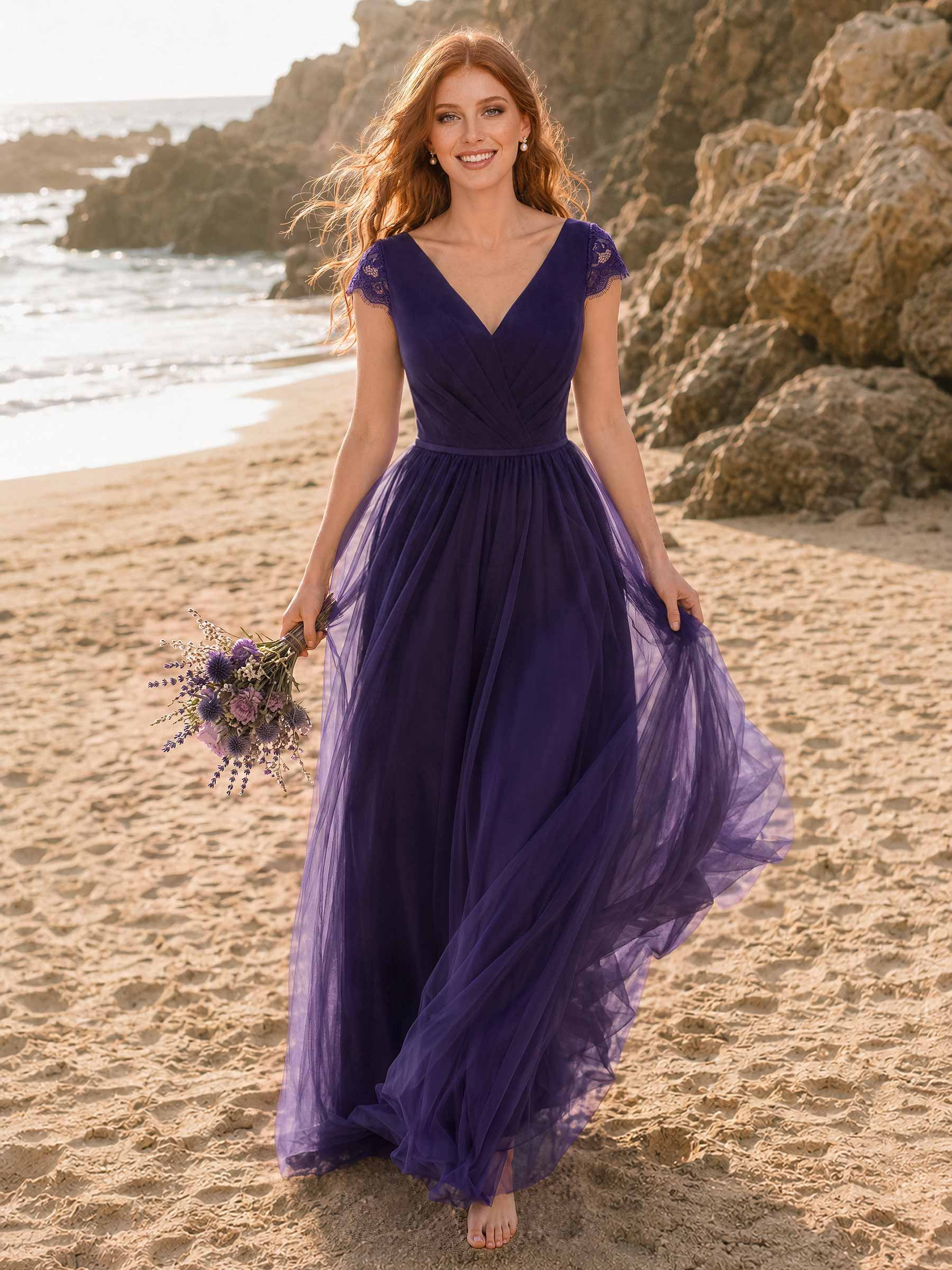 V-Neck Lace A-Line Tulle Bridesmaid Dresses, image 2