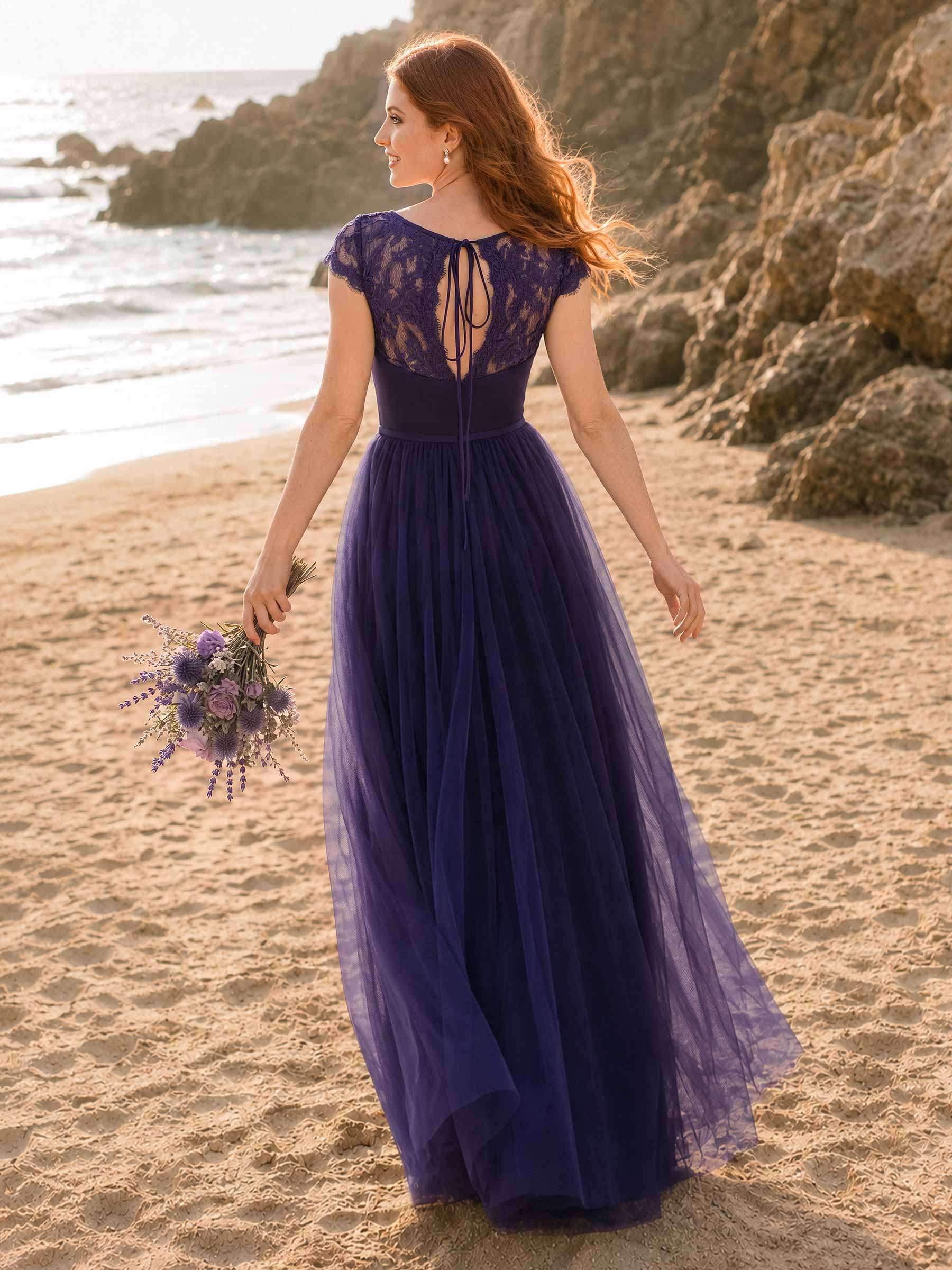 V-Neck Lace A-Line Tulle Bridesmaid Dresses, image 3