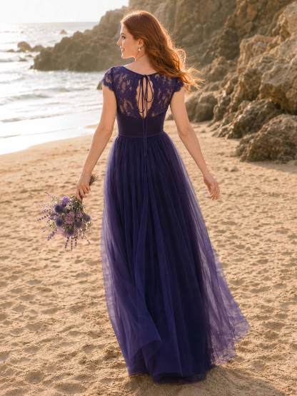 V-Neck Lace A-Line Tulle Bridesmaid Dresses