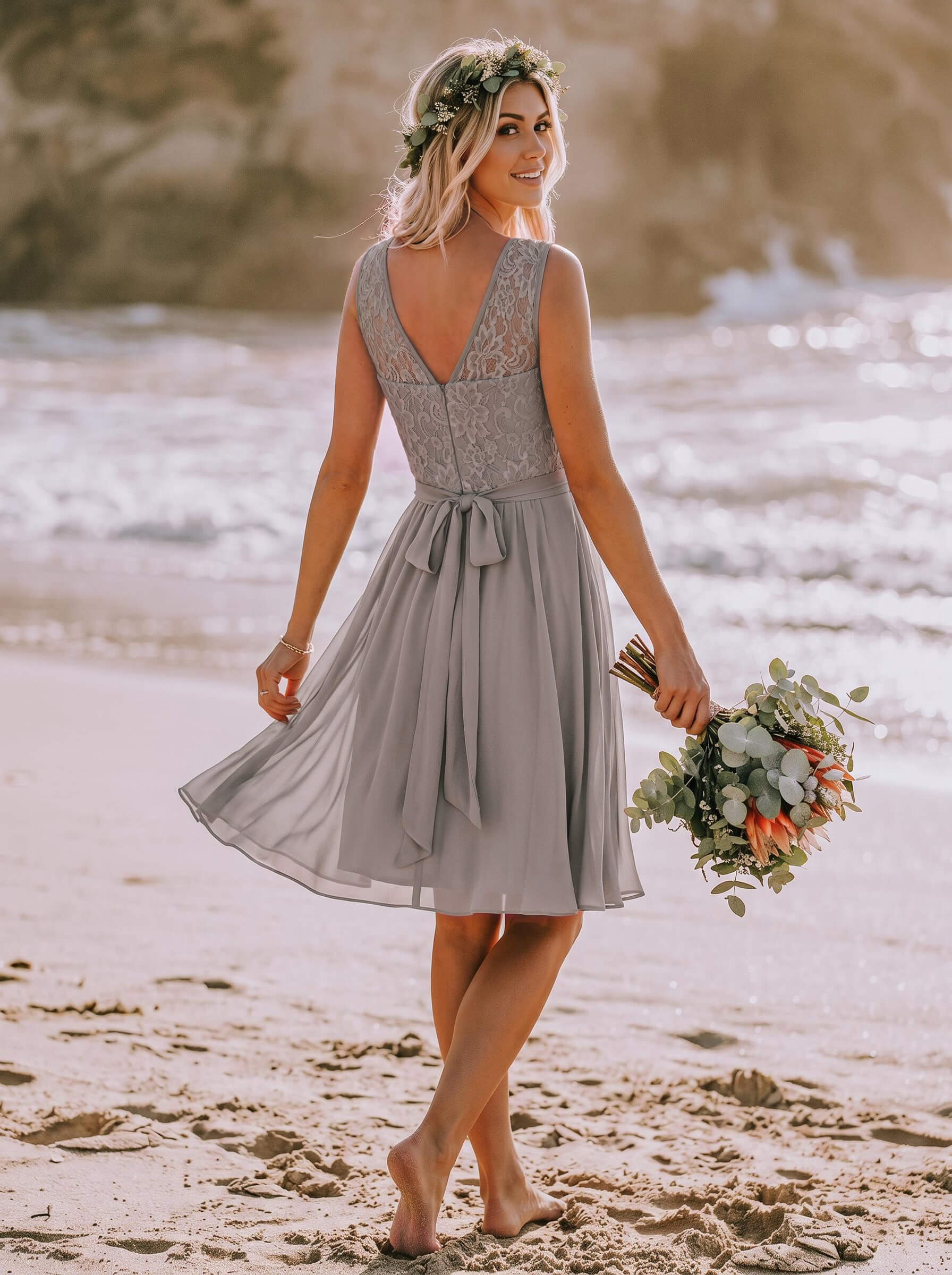 A-Line/Princess Scoop Neck Knee-Length Chiffon Bridesmaid Dresses With Lace, image 2