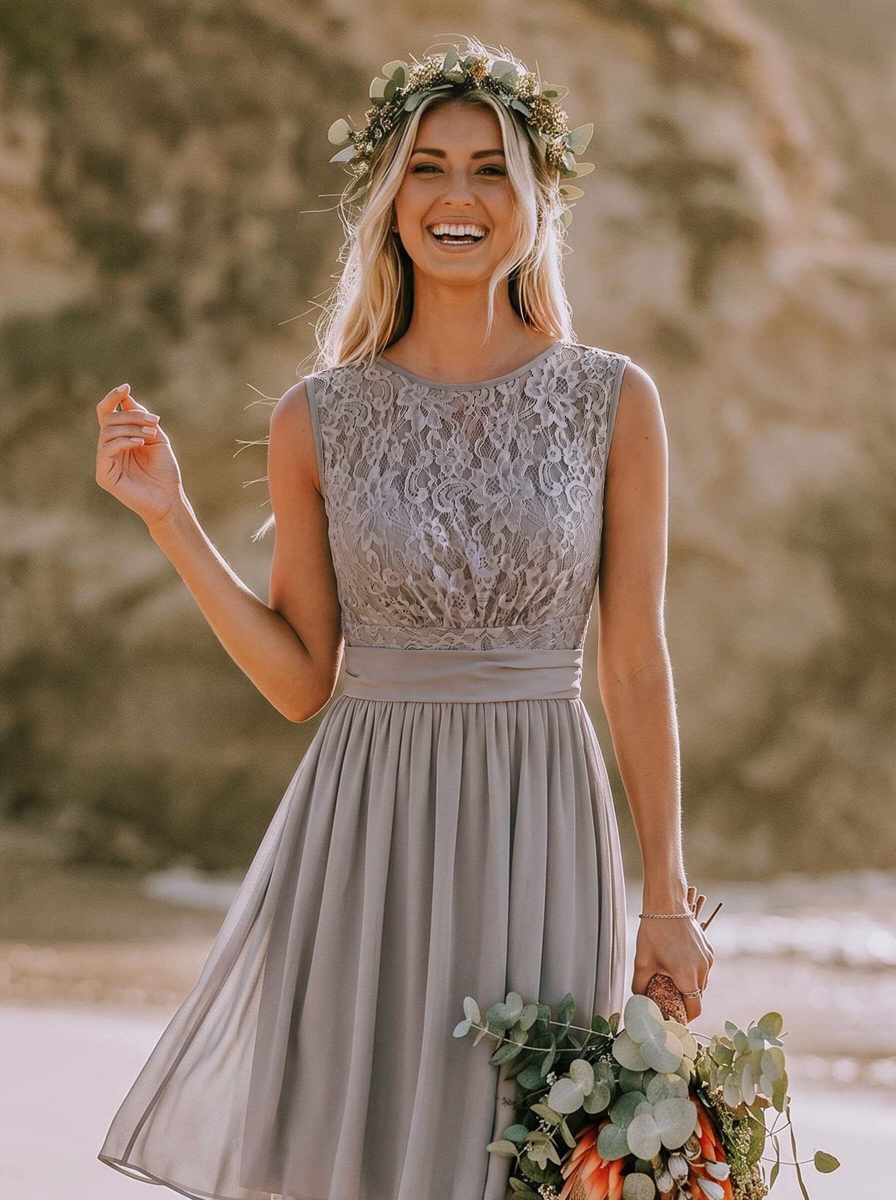A-Line/Princess Scoop Neck Knee-Length Chiffon Bridesmaid Dresses With Lace, image 3