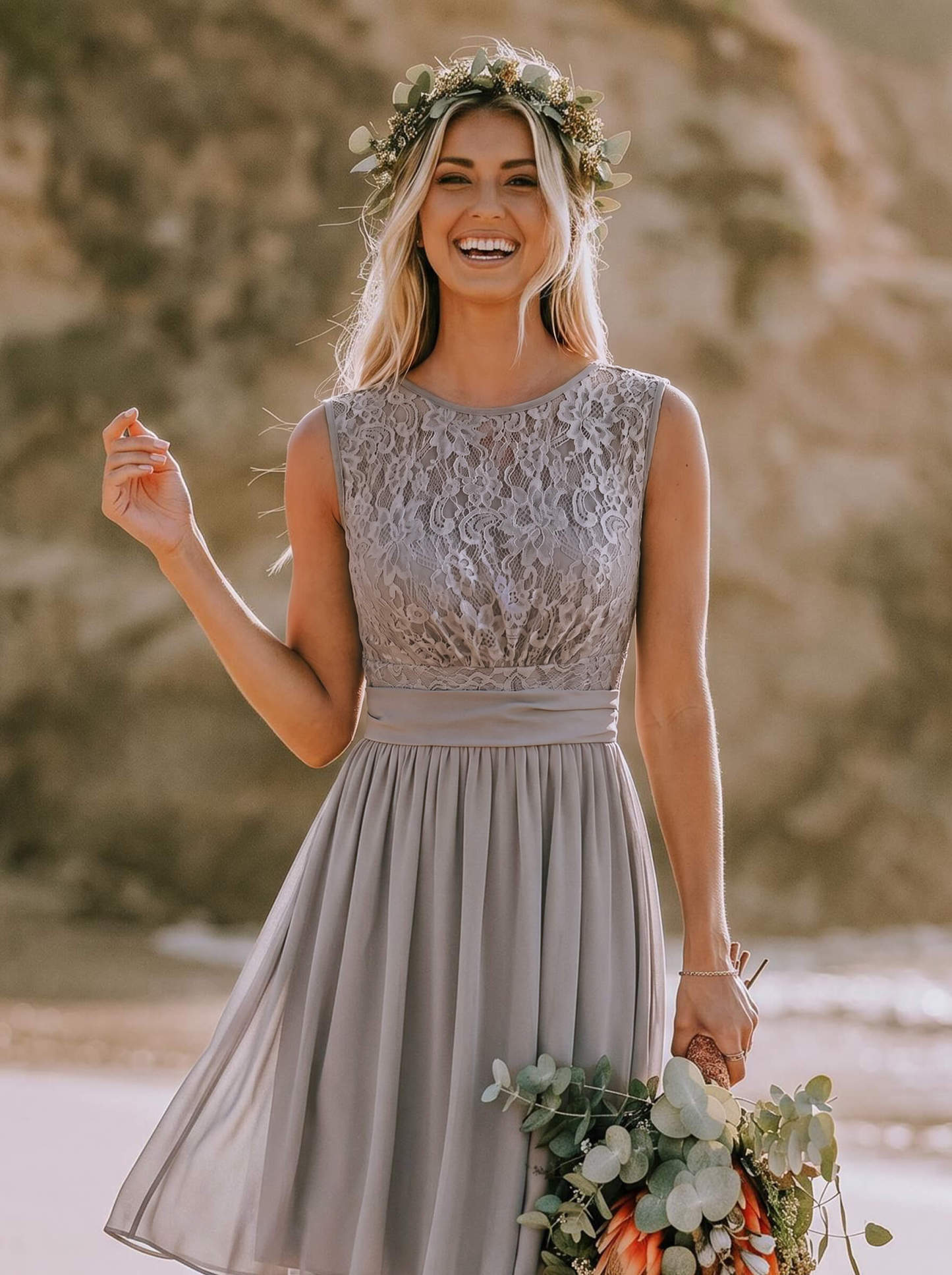 A-Line/Princess Scoop Neck Knee-Length Chiffon Bridesmaid Dresses With Lace, image 3