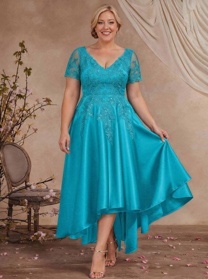A-Line V-Neck Long Sleeves Asymmetrical Satin Mother Of The Bride Dresses With Appliques Lace