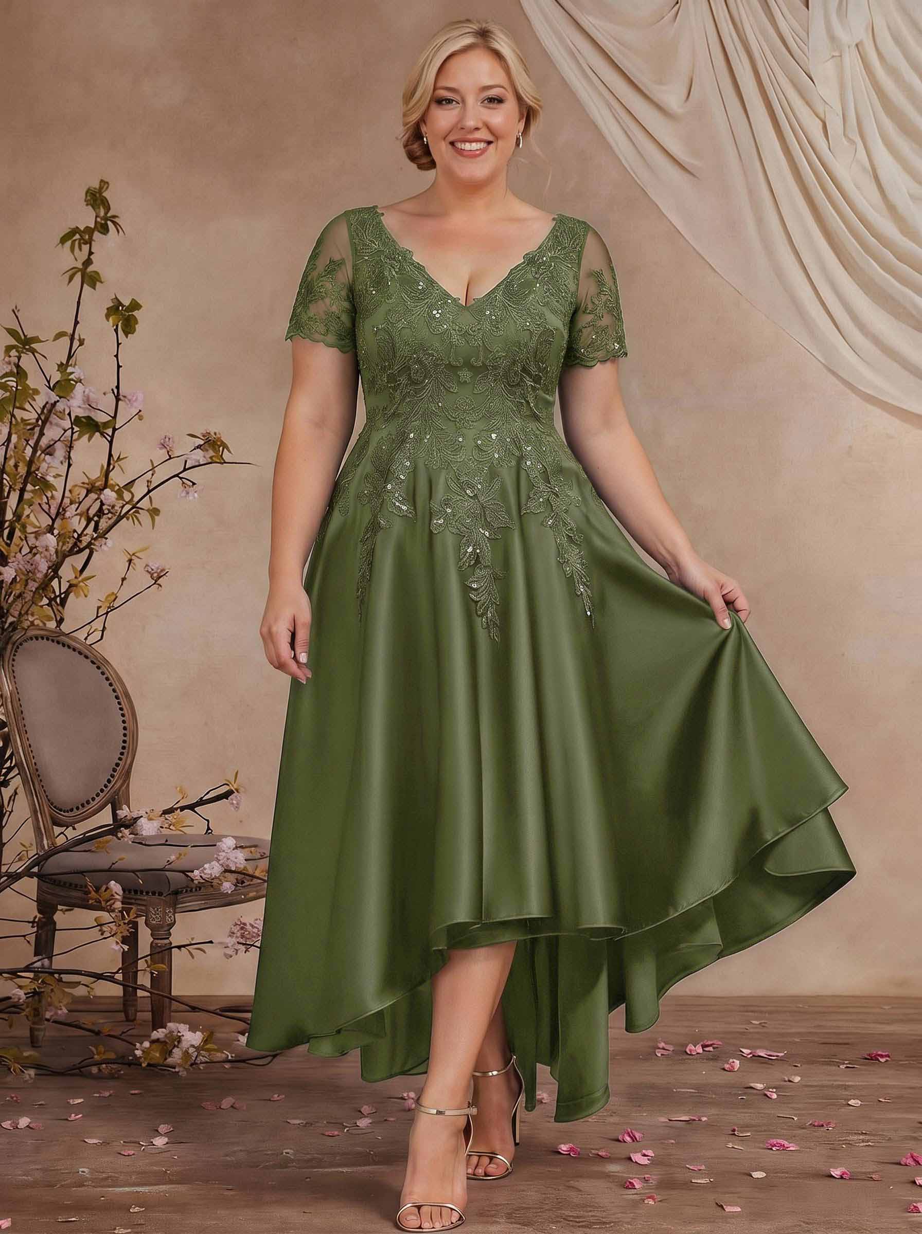 A-Line V-Neck Long Sleeves Asymmetrical Satin Mother Of The Bride Dresses With Appliques Lace
