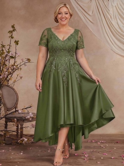 A-Line V-Neck Long Sleeves Asymmetrical Satin Mother Of The Bride Dresses With Appliques Lace