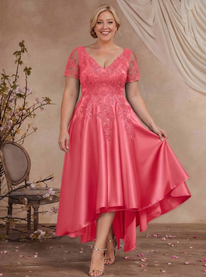 A-Line V-Neck Long Sleeves Asymmetrical Satin Mother Of The Bride Dresses With Appliques Lace