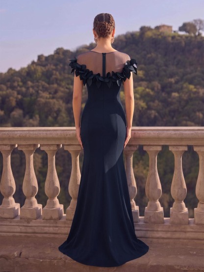 Trumpet/Mermaid Illusion Neck Short Sleeves Elastic Satin Evening Dresses