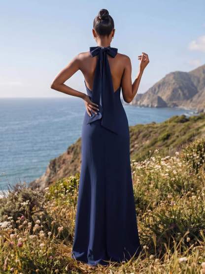 Sheath/Column Halter Sleeveless Floor-Length Elastic Satin Bridesmaid Dresses