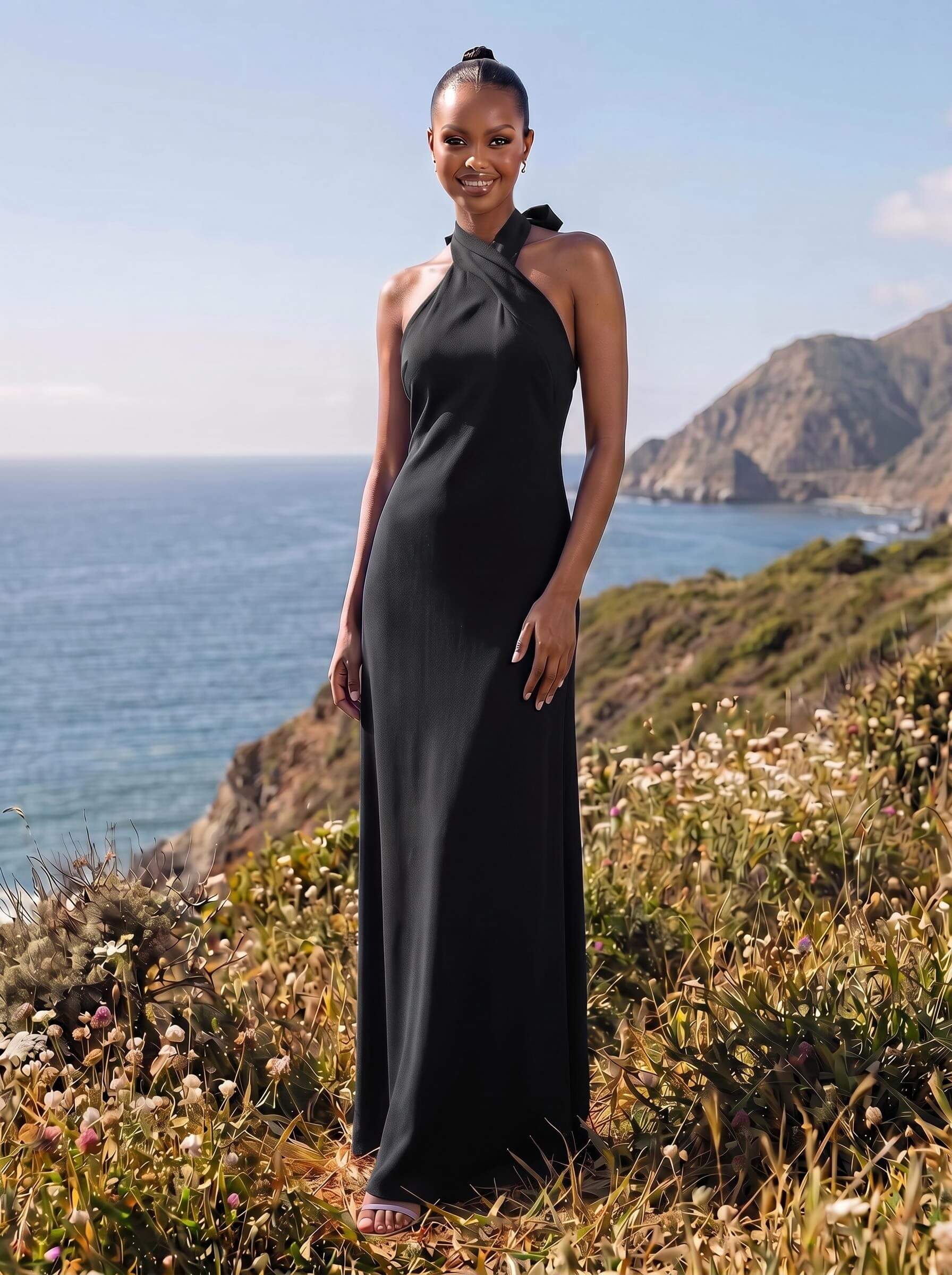 Sheath/Column Halter Sleeveless Floor-Length Elastic Satin Bridesmaid Dresses