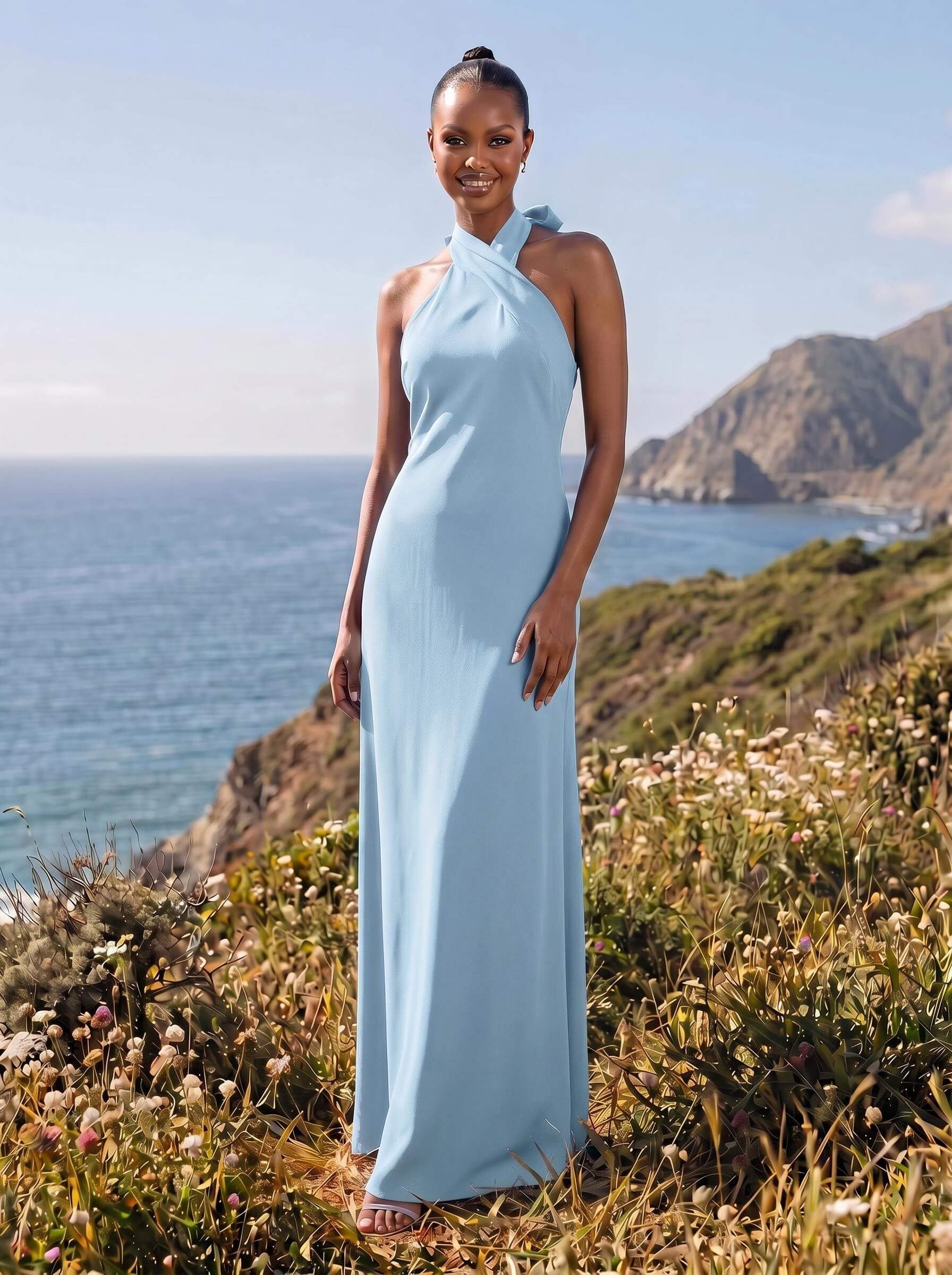 Sheath/Column Halter Sleeveless Floor-Length Elastic Satin Bridesmaid Dresses