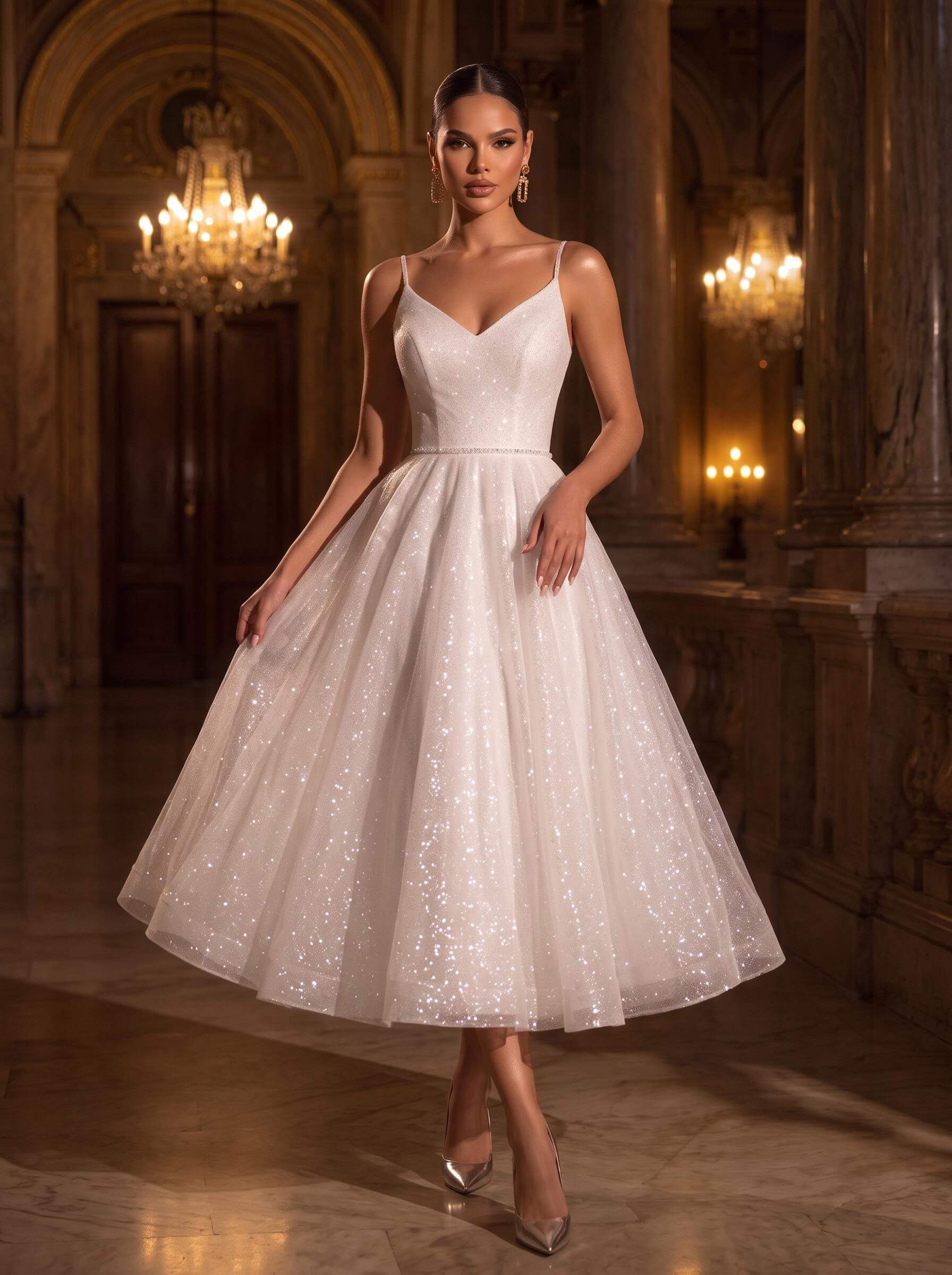 Shiny A-Line V-Neck Sleeveless Little White Sequined Wedding Dresses, image 1