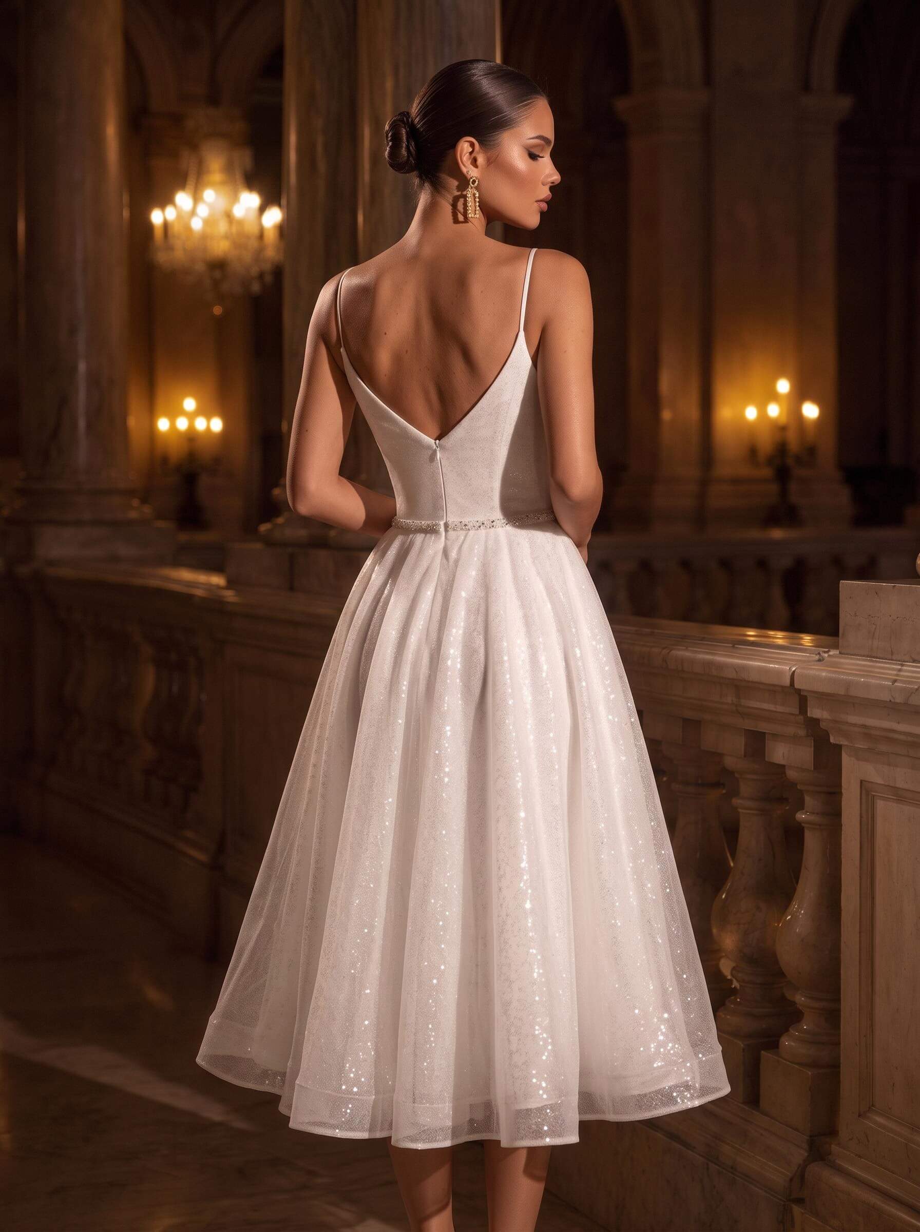 Shiny A-Line V-Neck Sleeveless Little White Sequined Wedding Dresses, image 2