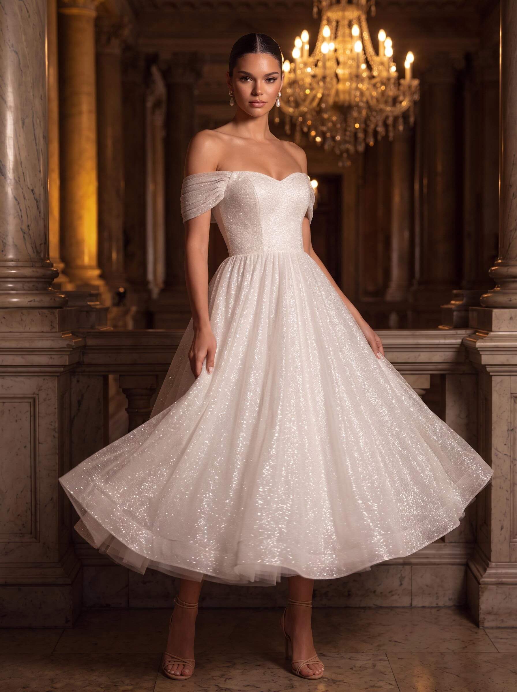A-Line Off-The-Shoulder Ankle-Length Vintage Sequined Wedding Dresses, image 1