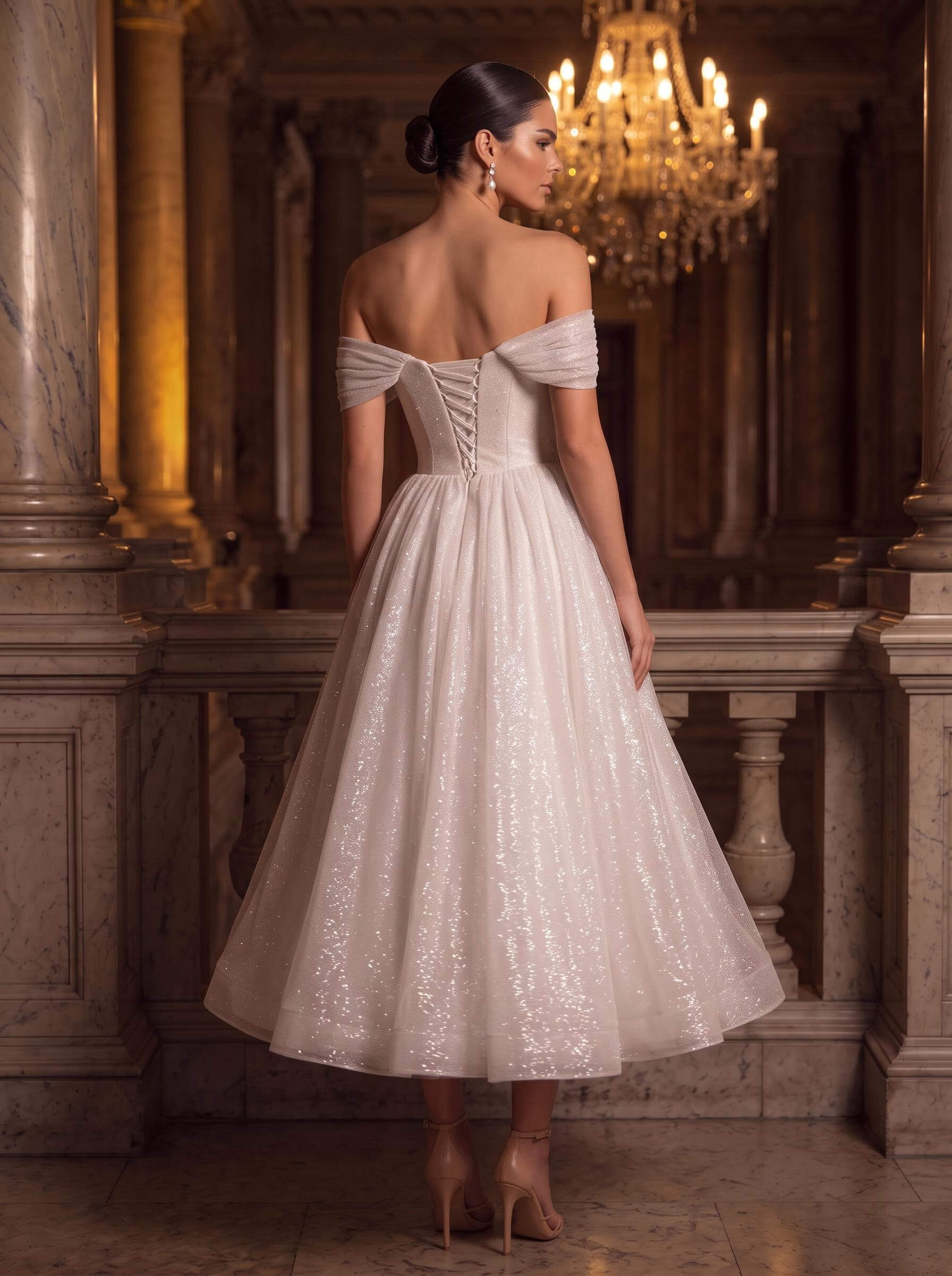 A-Line Off-The-Shoulder Ankle-Length Vintage Sequined Wedding Dresses, image 2