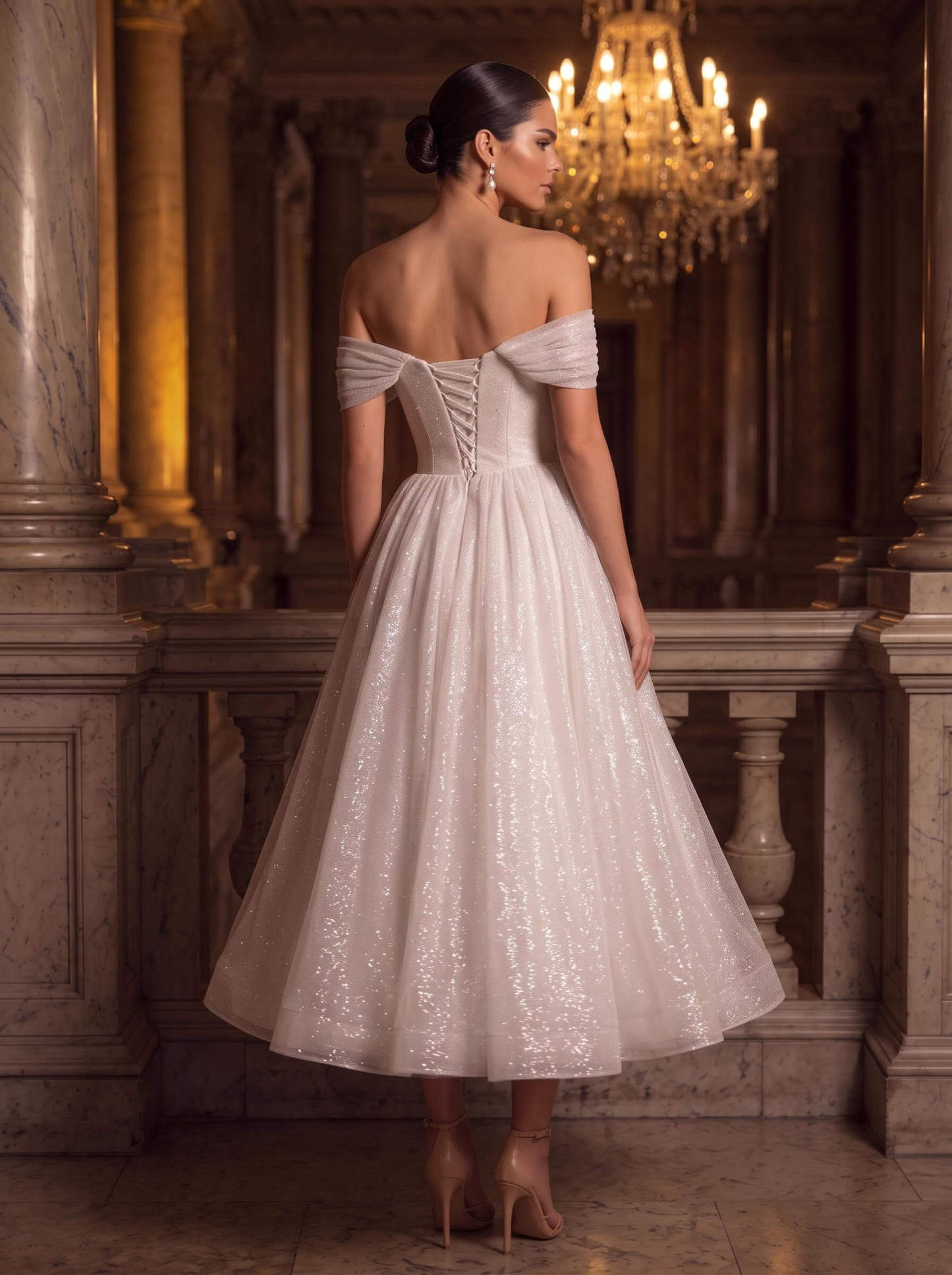 A-Line Off-The-Shoulder Ankle-Length Vintage Sequined Wedding Dresses, image 2