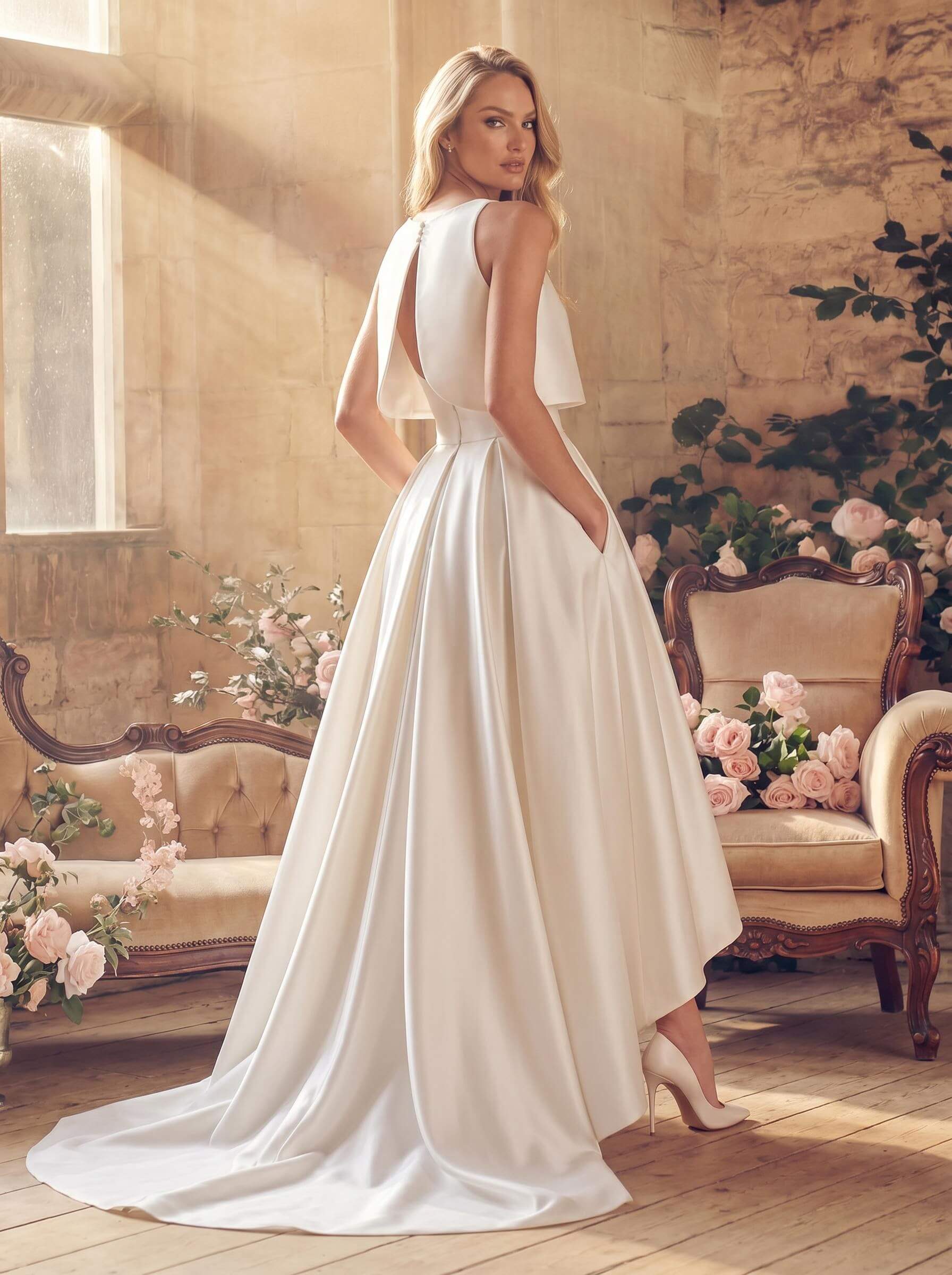 Two-Piece Wedding Dresses With Satin Fabric A-Line Zipper Sleeveless Ivory Simple Wedding Dresses, image 2