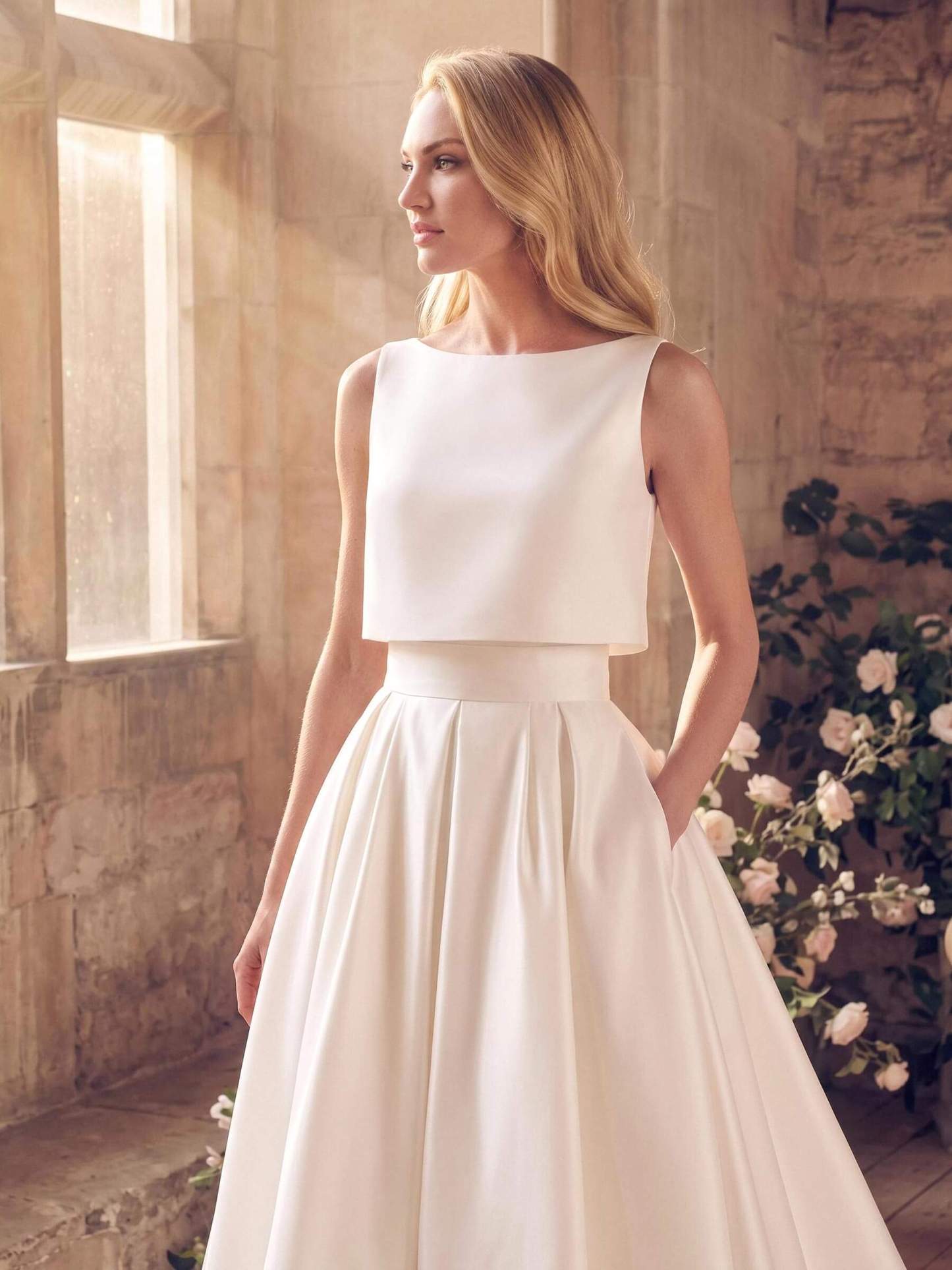 Two-Piece Wedding Dresses With Satin Fabric A-Line Zipper Sleeveless Ivory Simple Wedding Dresses, image 3