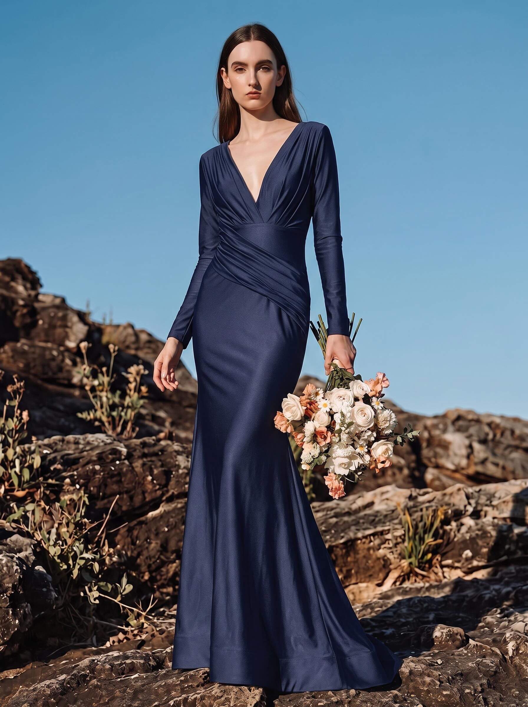 Modest Trumpet V-Neck Long Sleeves Jersey Bridesmaid Dresses