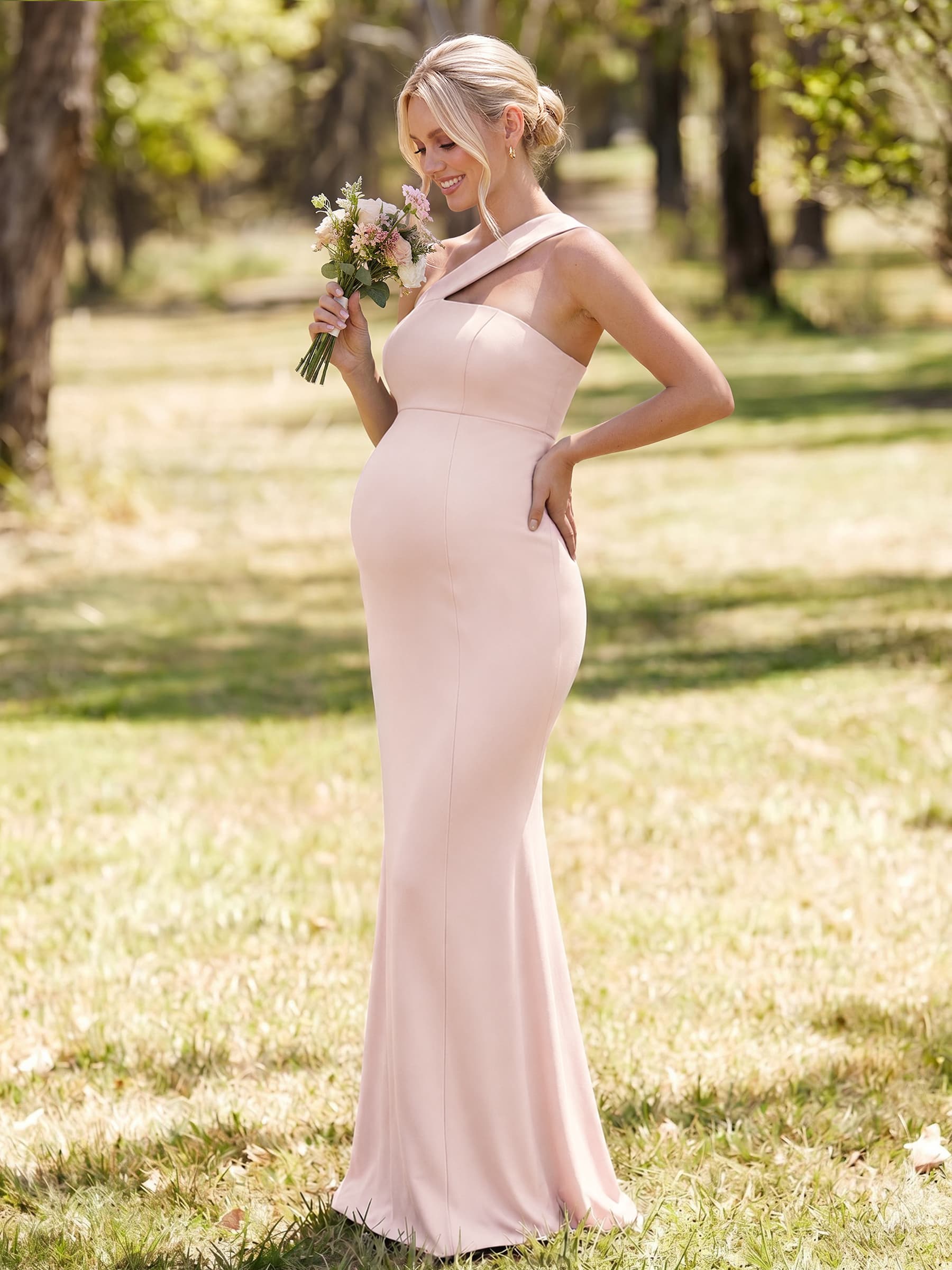 Sheath/Column One-Shoulder Sleeveless Floor-Length Jersey Maternity Bridesmaid Dresses